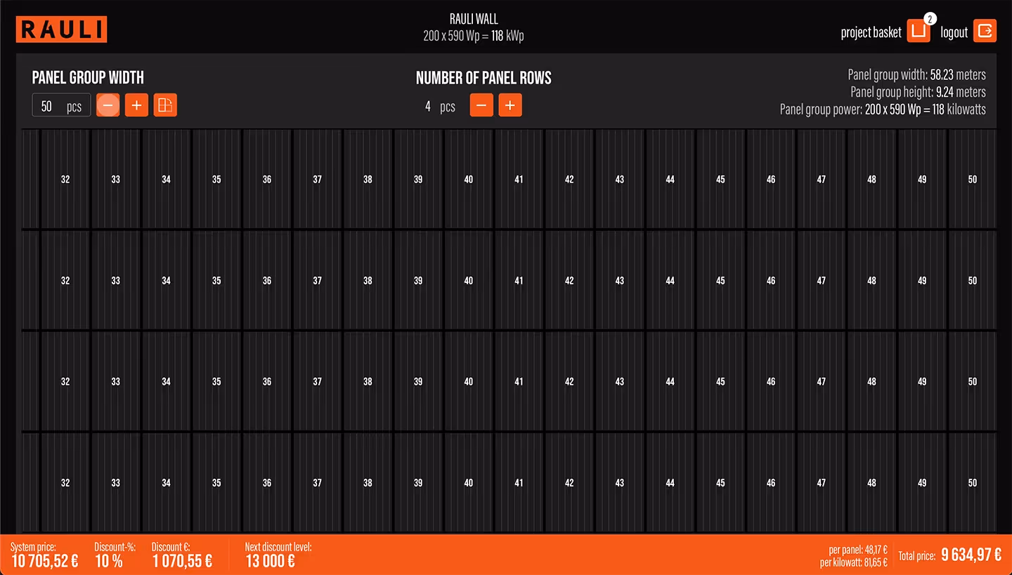 RAULI APP screenshot of a RAULI WALL system calculator showing real-time pricing