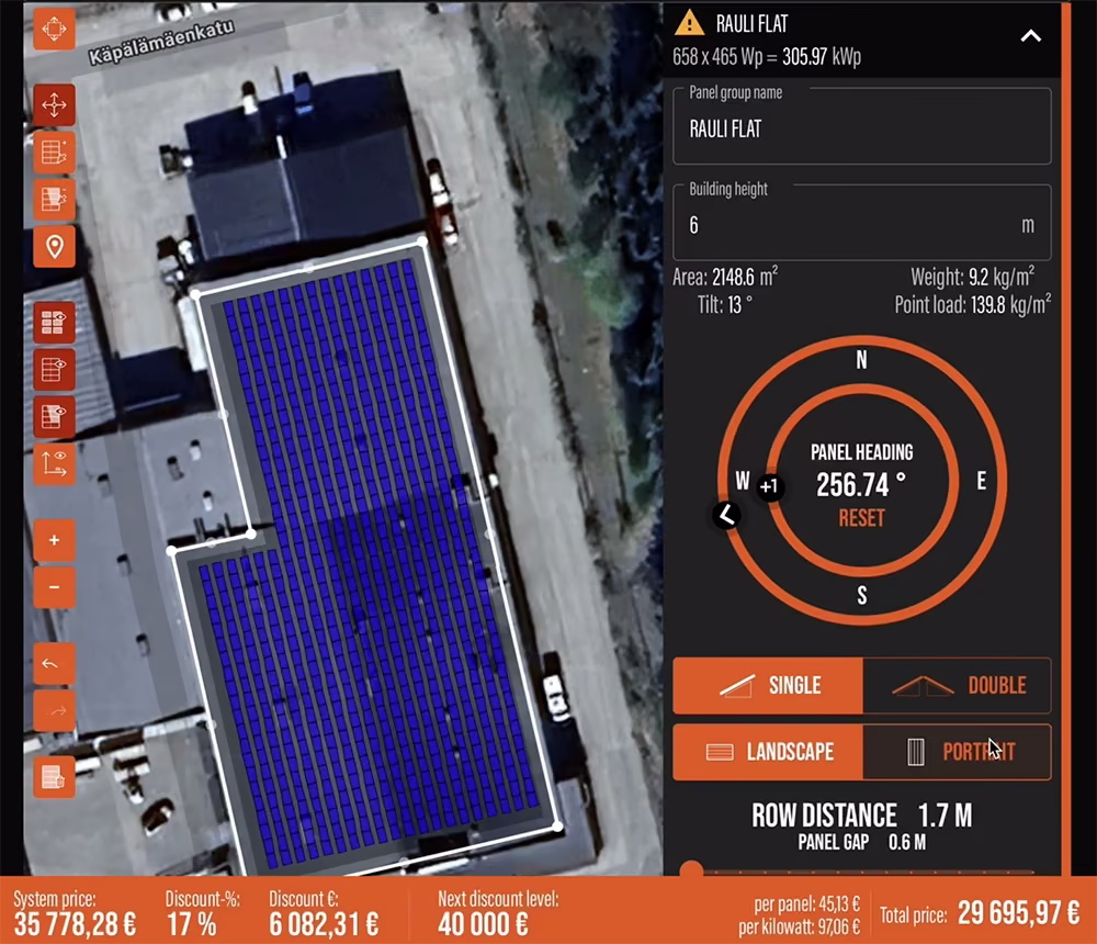 rauli app flat screenshot showing real-time pricing and designing of a flat system over an satellite image