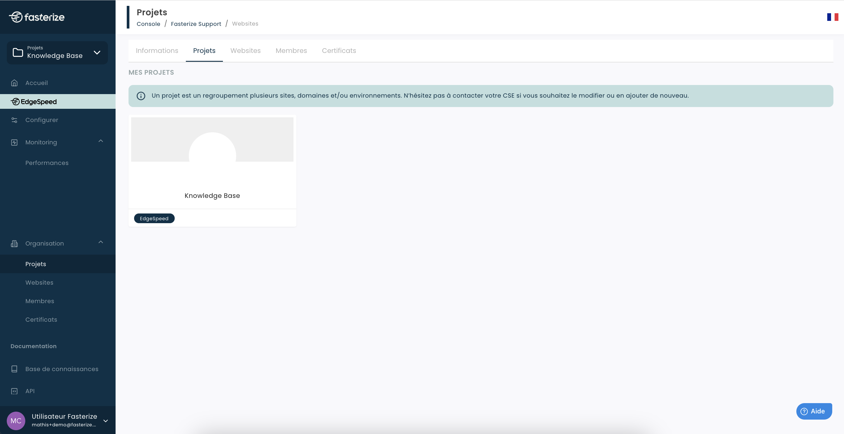 Page d’accueil de la console Fasterize