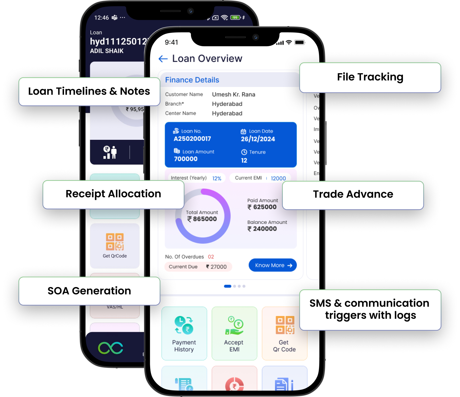 Mobile loan management system app showing loan overview, receipt allocation, file tracking, trade advance, and borrower communication