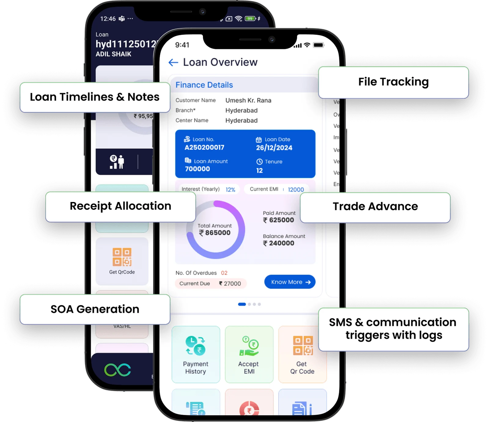 Mobile loan management system app showing loan overview, receipt allocation, file tracking, trade advance, and borrower communication