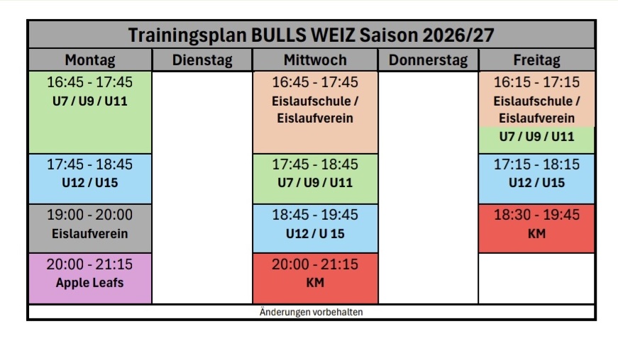Trainingszeiten in der Saison 2026/27 der Bulls Weiz