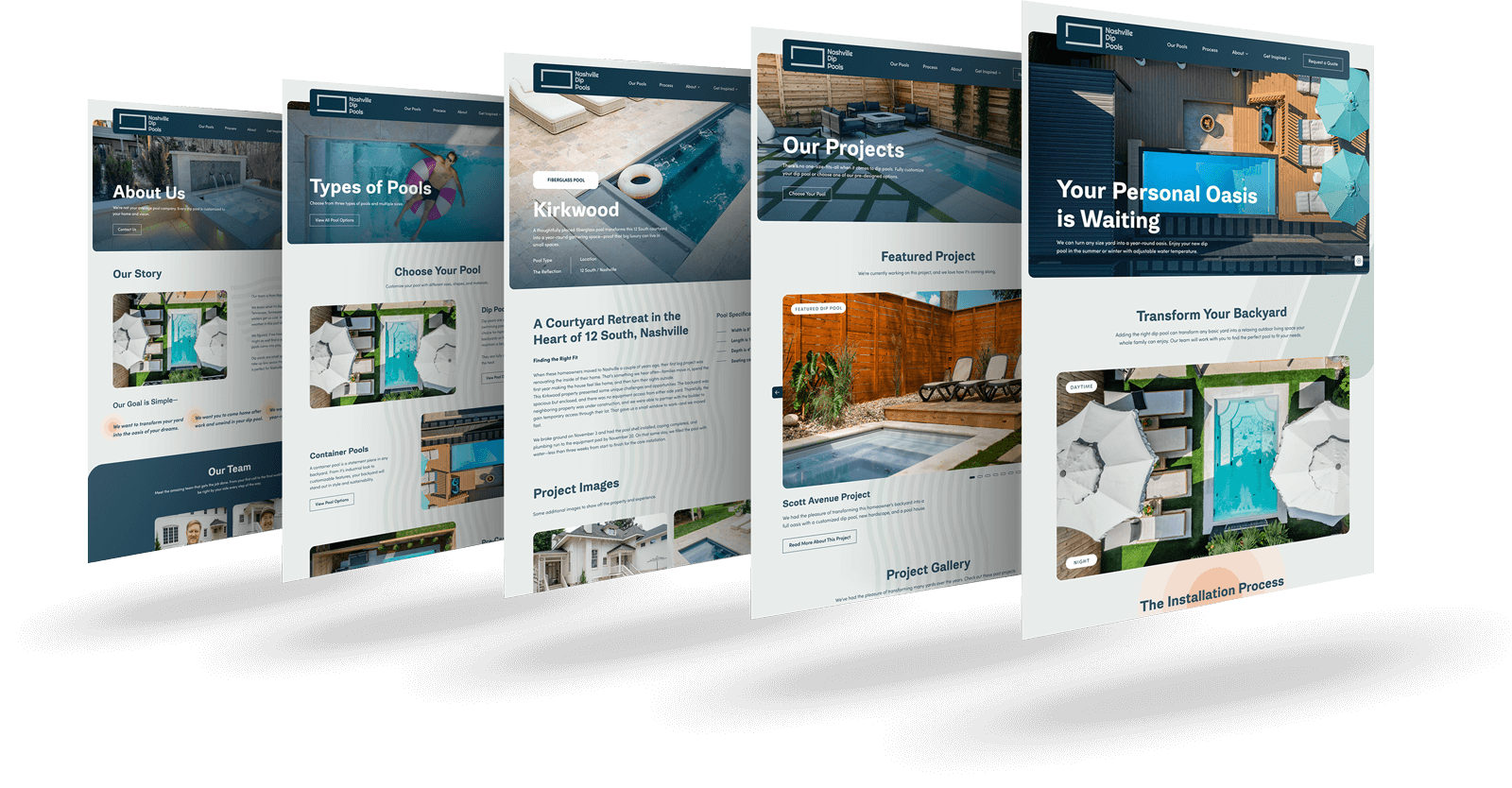Key website screens for Nashville Dip Pools.
