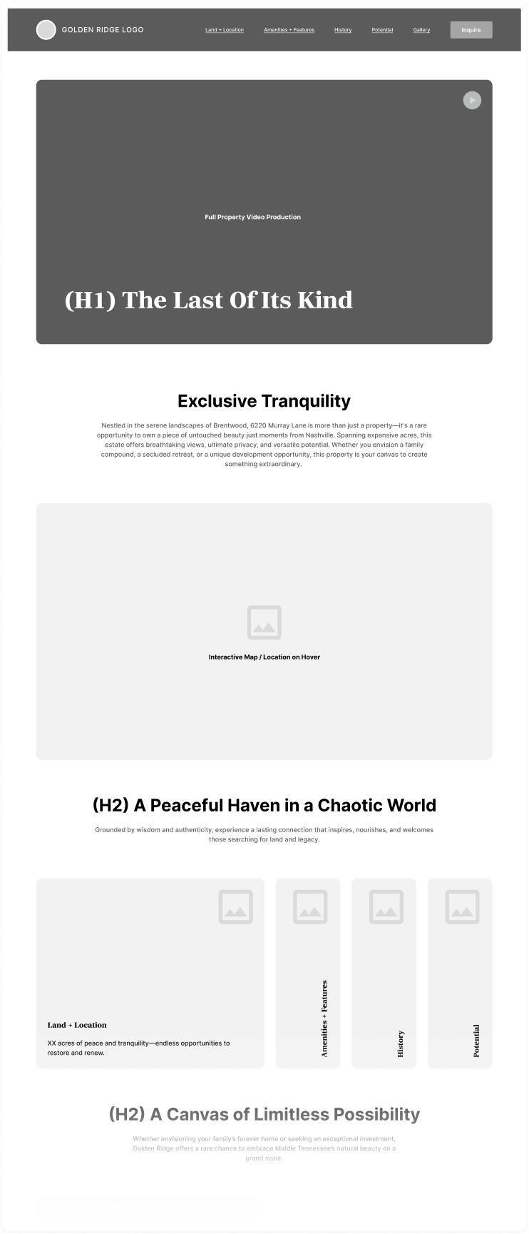 Golden Ridge home page wireframe mockup.