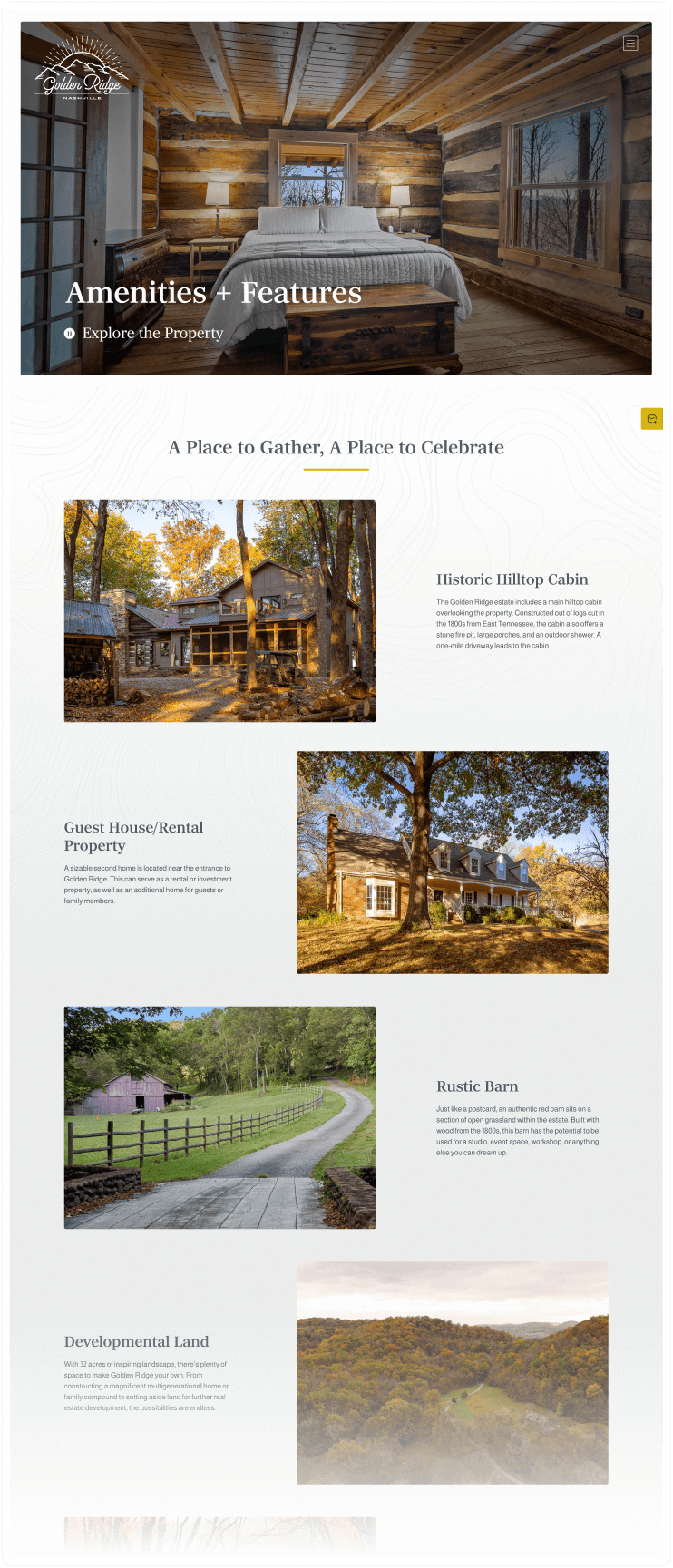 Golden Ridge amenities page mockup.