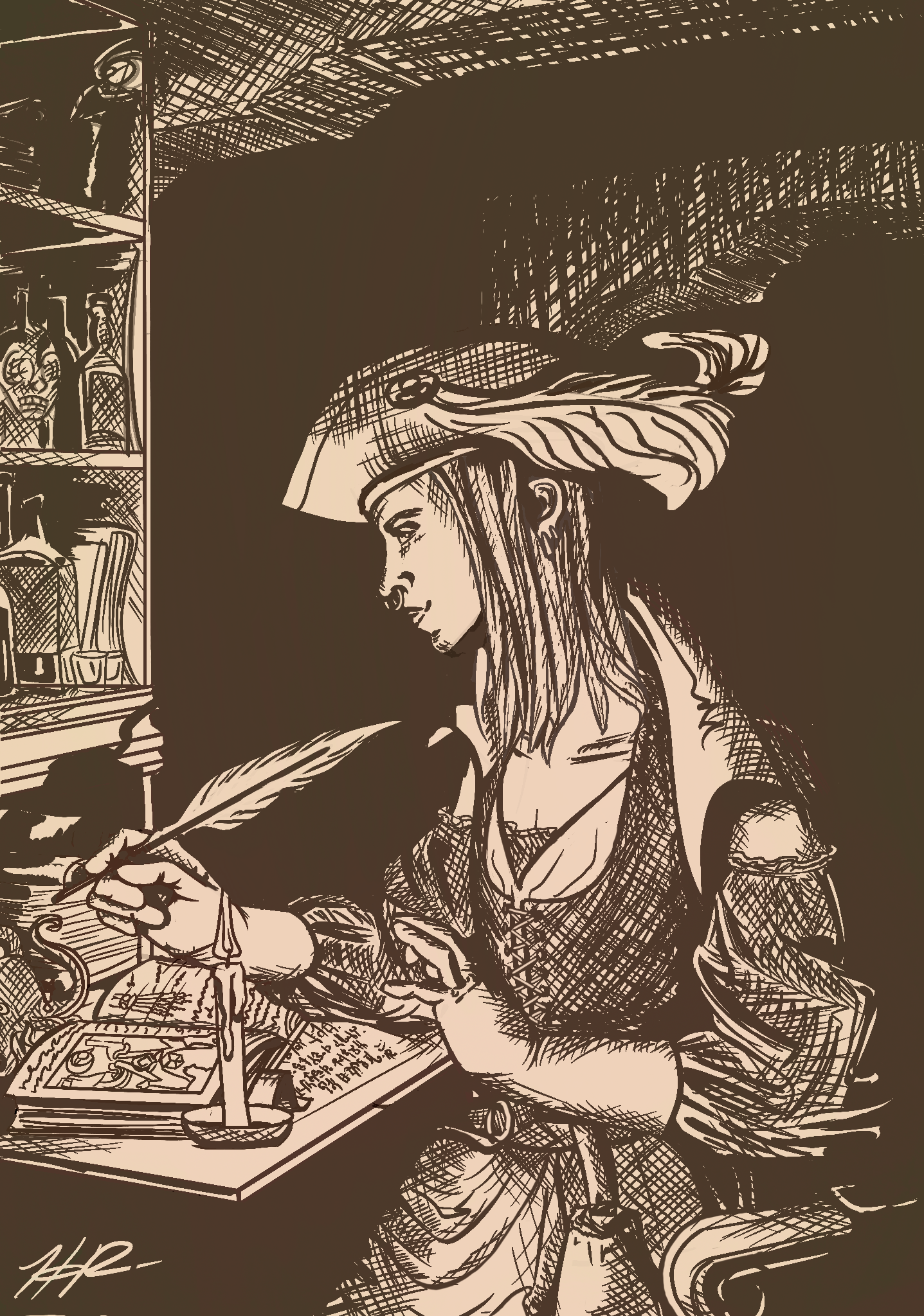A sepia-toned ink drawing of a pirate sitting at a desk writing with a quill in candlelight.