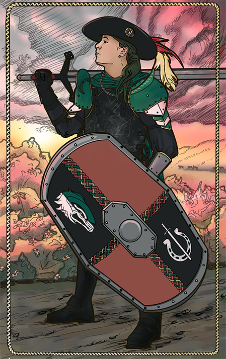 A digital painting of a knight in green and black armor. He is holding a claymore and a black-and-red shield.