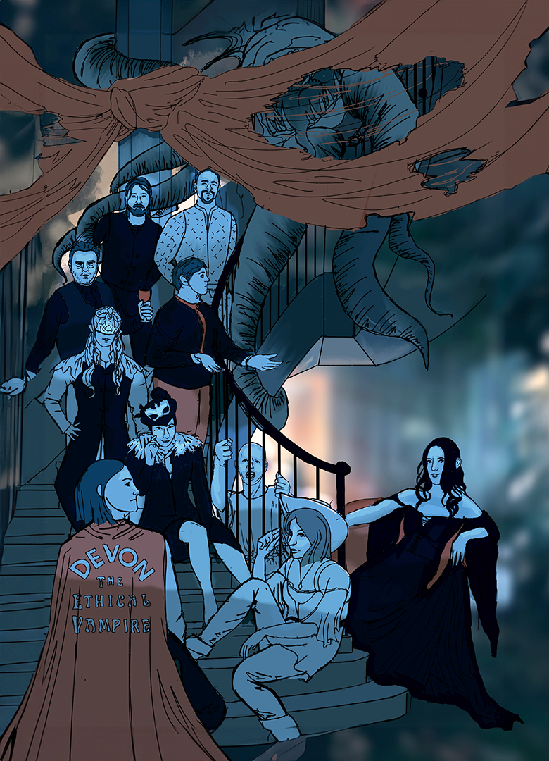 A digital painting of a coven of vampires wearing various fancy clothing. In the background is a terrifying tentacle monster.