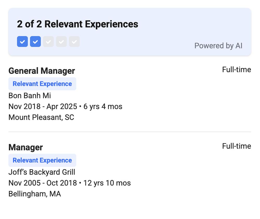 App screenshot of AI applicant summaries, highlighting relevant experiences.