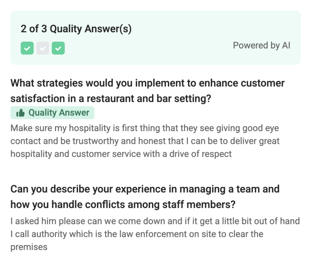 App screenshot of AI-graded applicant answers