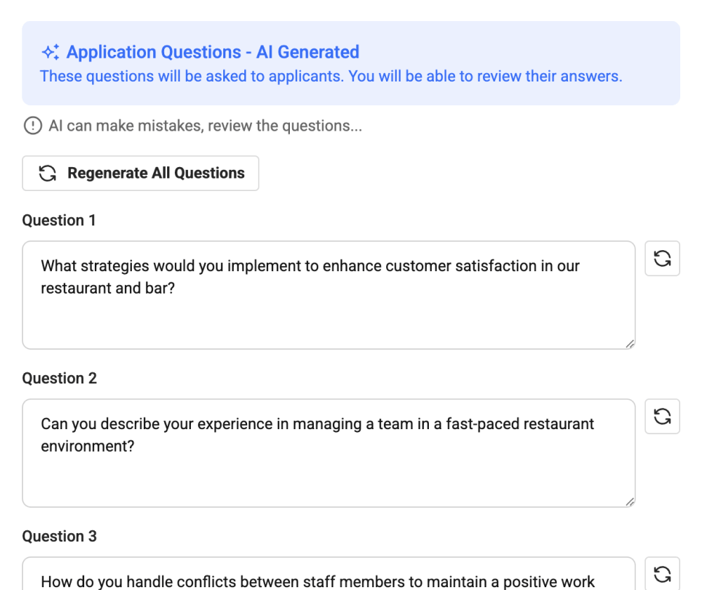 App screenshot of AI-written applicant questions.