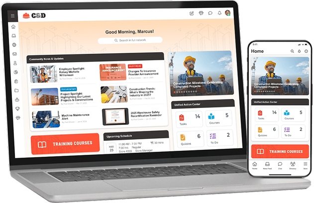 Laptop and smartphone screens showing a workforce dashboard with community news, upcoming schedule, and training courses.