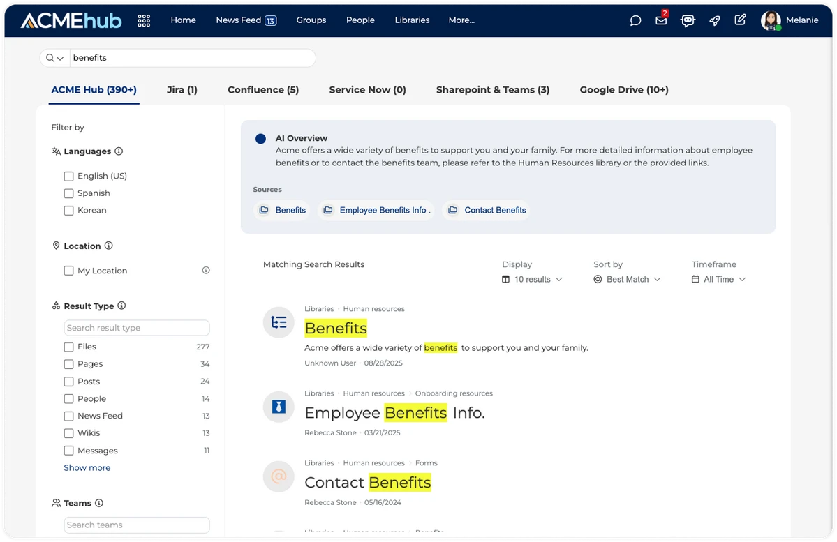 Updated intranet and knowledge search experience in MangoApps