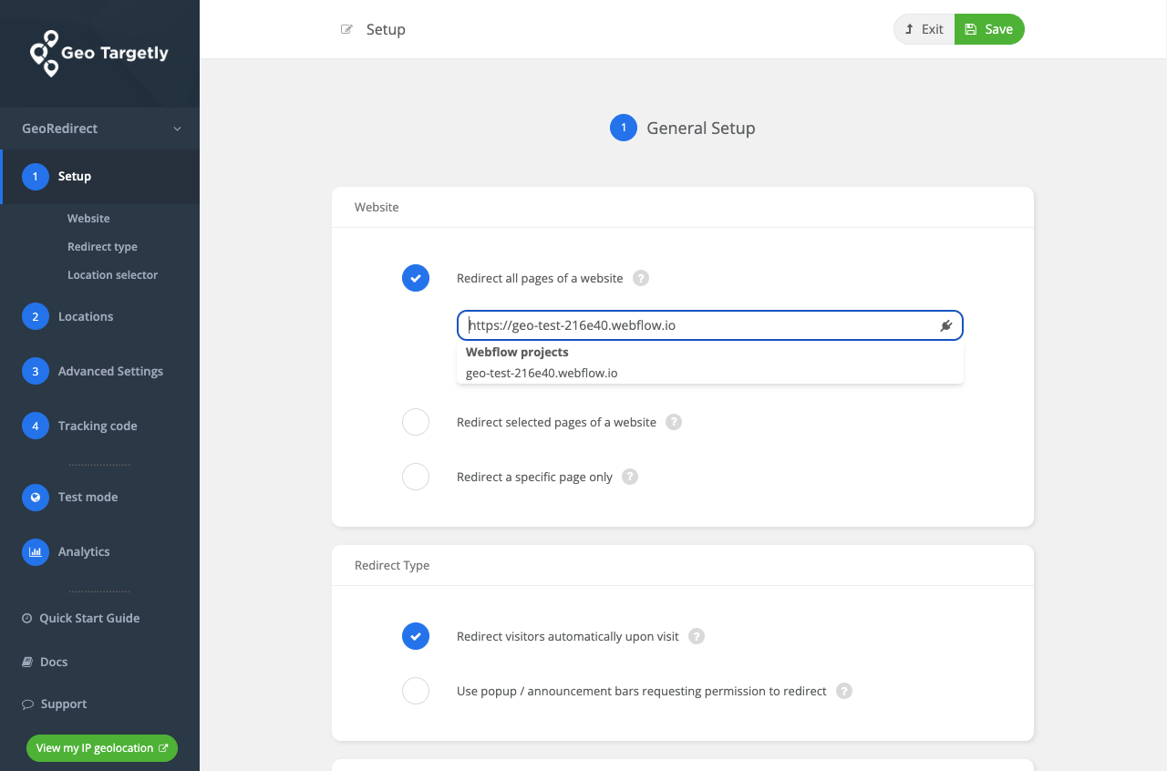 Webflow projects in setup domain selection