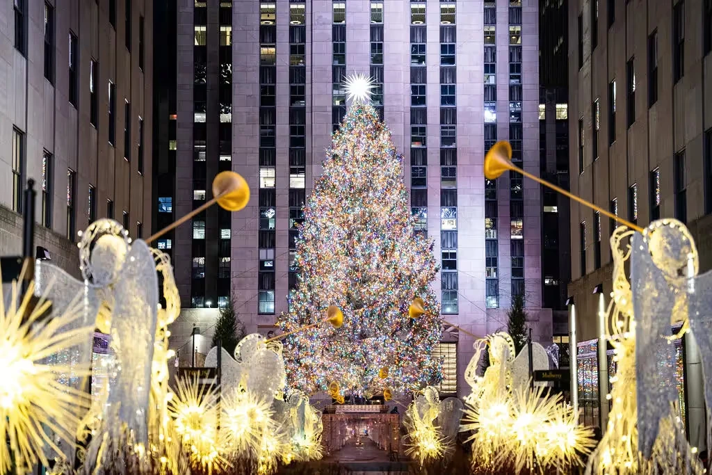 Rockefeller Center Christmas tree and ice skating rink in New York City