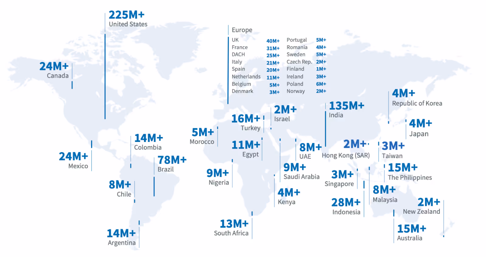 LinkedIn公式ページ:世界のLinkedIn利用者数を表した世界地図
