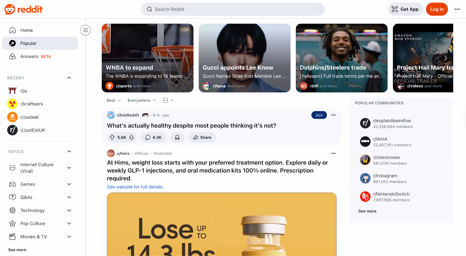 Reddit: popular page