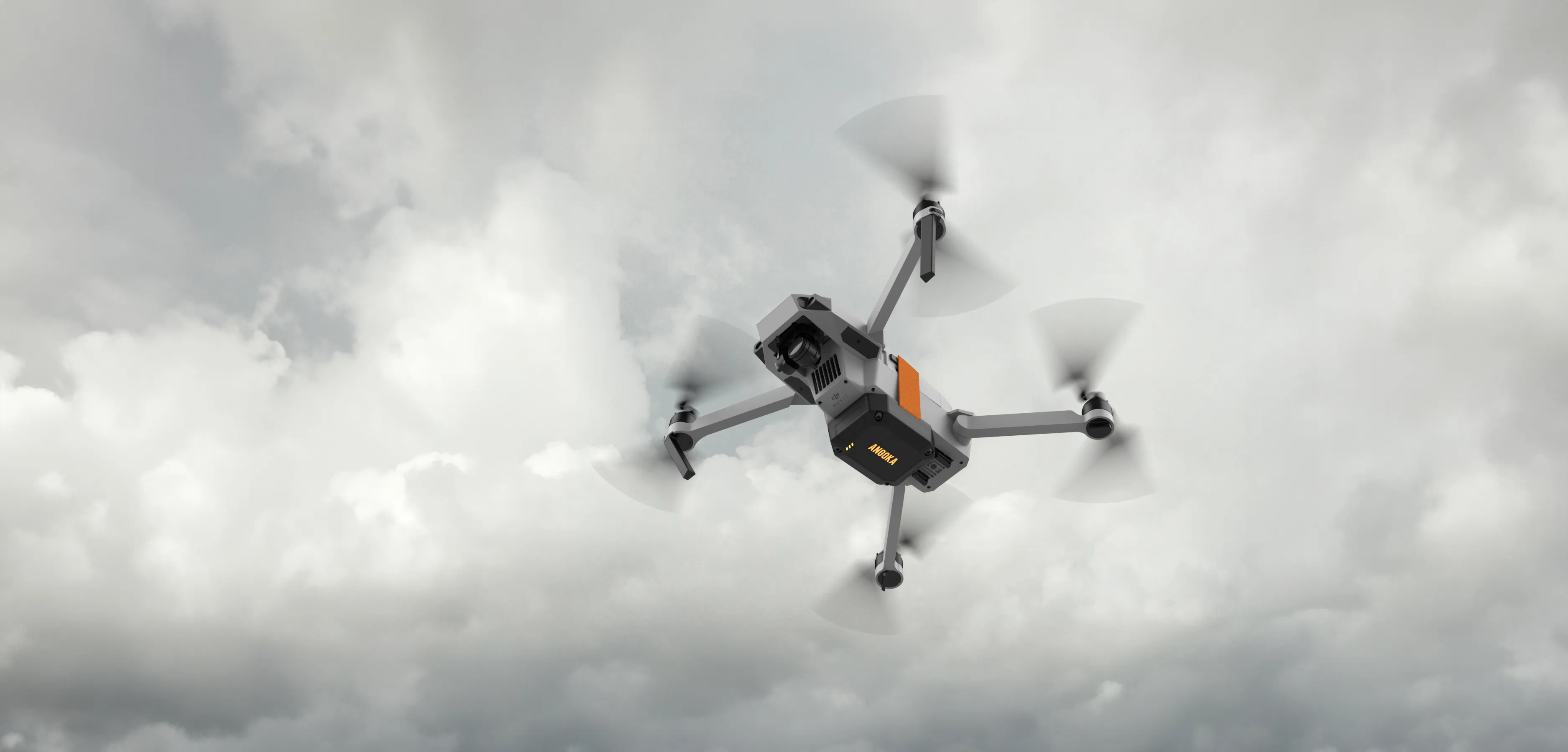A render of Angoka's Ranger product mounted on a drone in mid-flight.