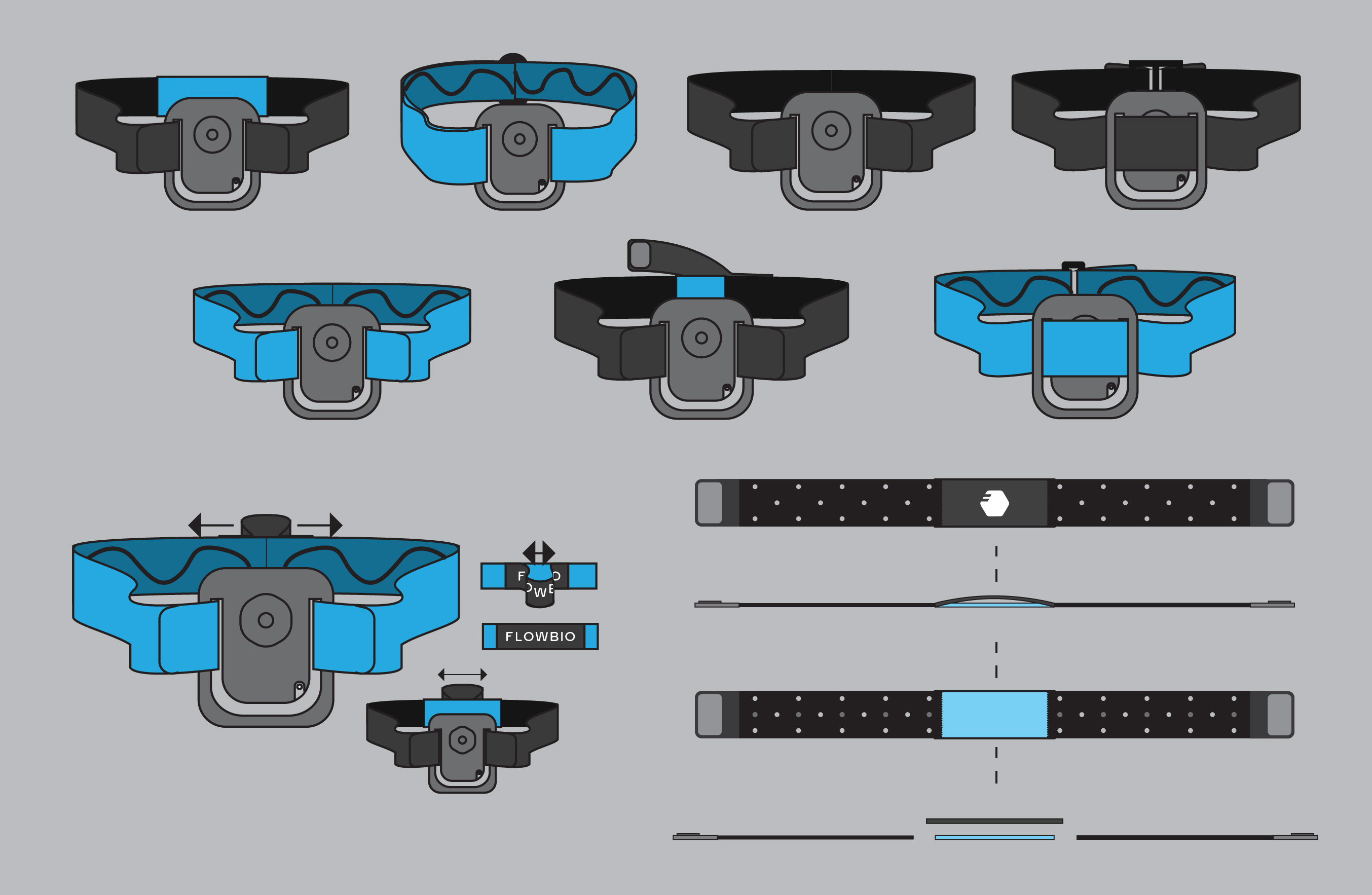 FlowBio strap design concept sketches, showing different attachment and tightening methods.