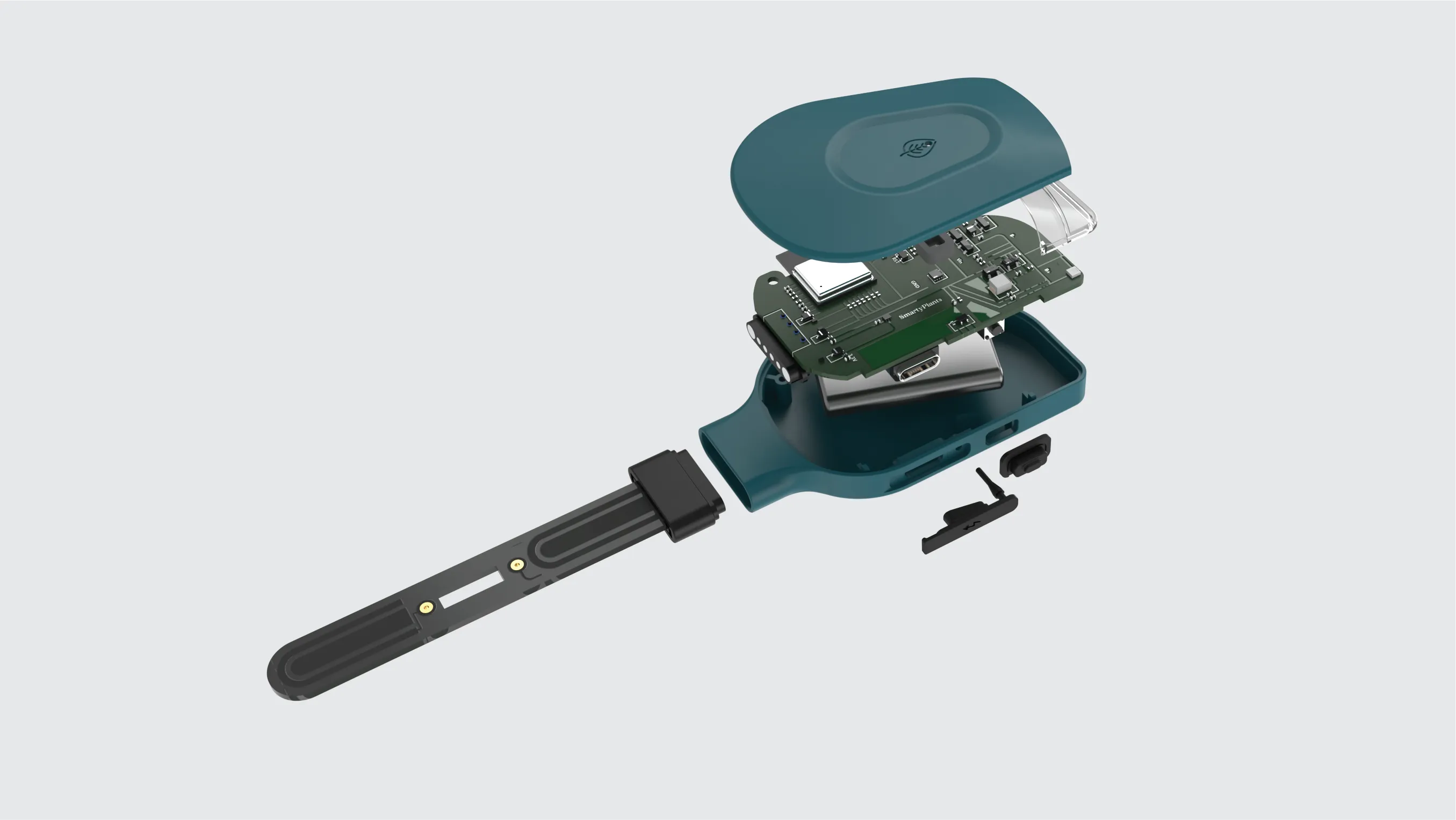 Exploded render of the SmartyPlants sensor device and internal components.