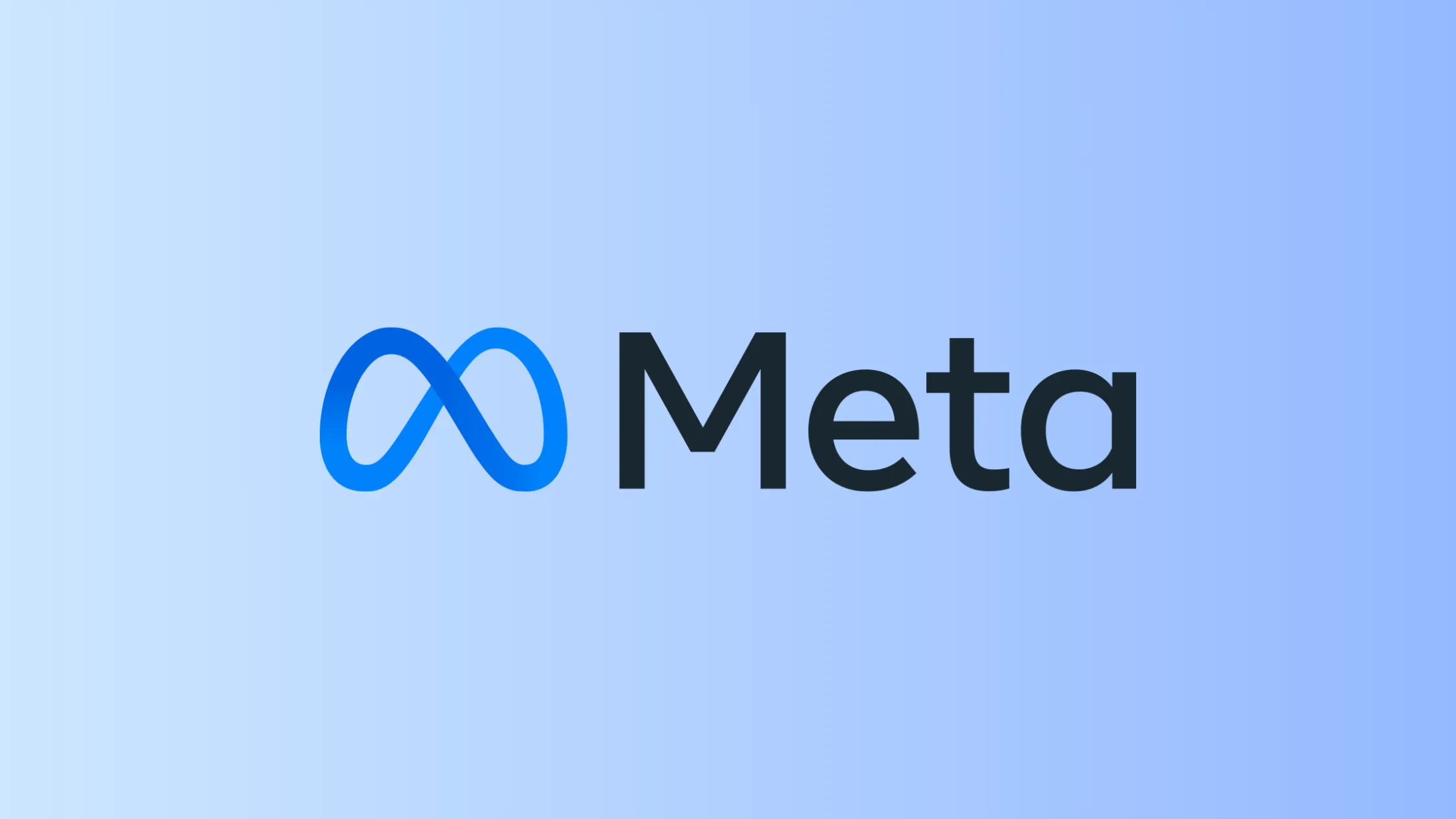 Meta logo with a blue infinity symbol and the word 'Meta' on a light blue gradient background.
