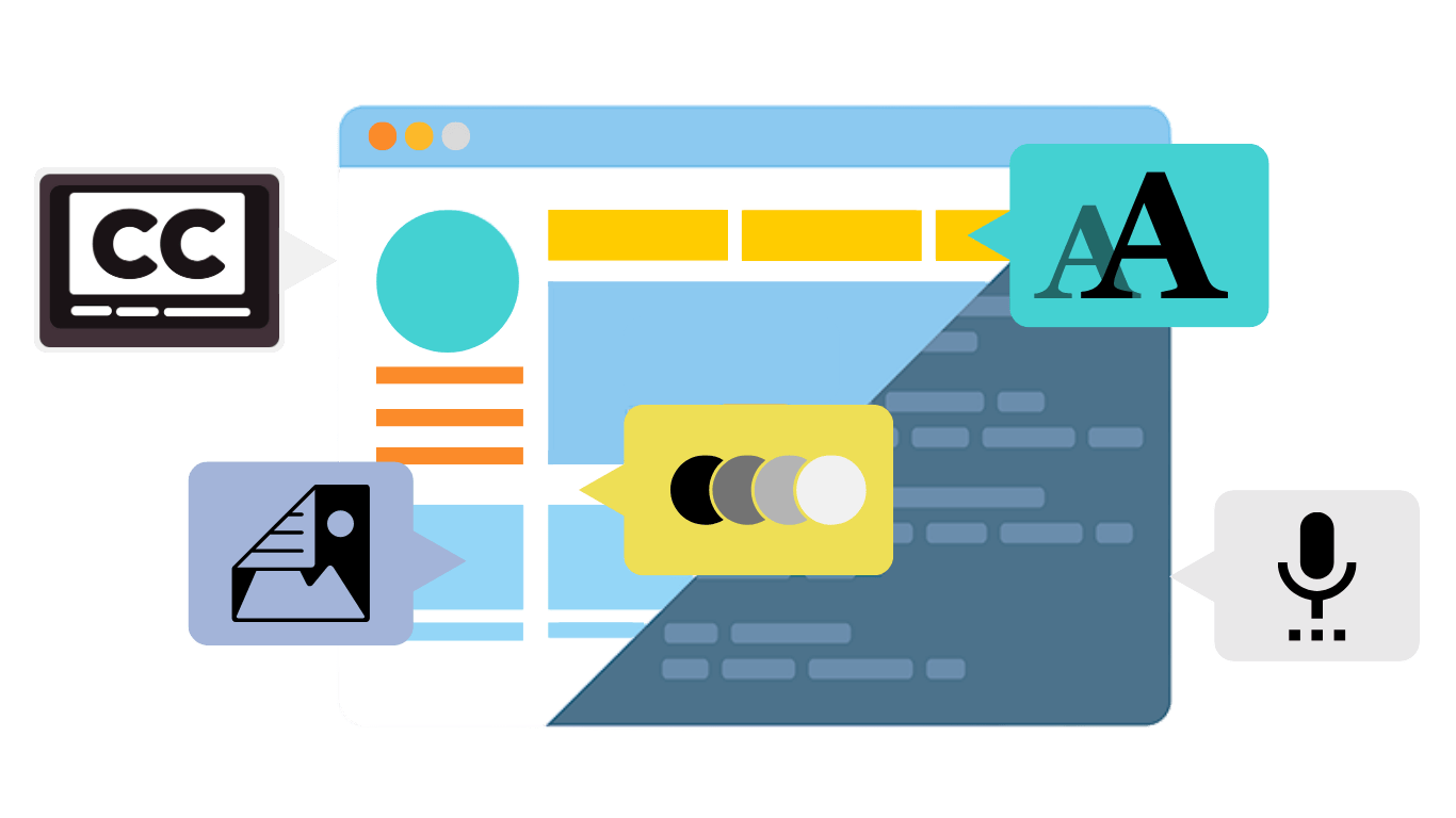 Illustration of a web page with icons representing accessibility features: closed captions, image description, color contrast, text resizing, and voice input.