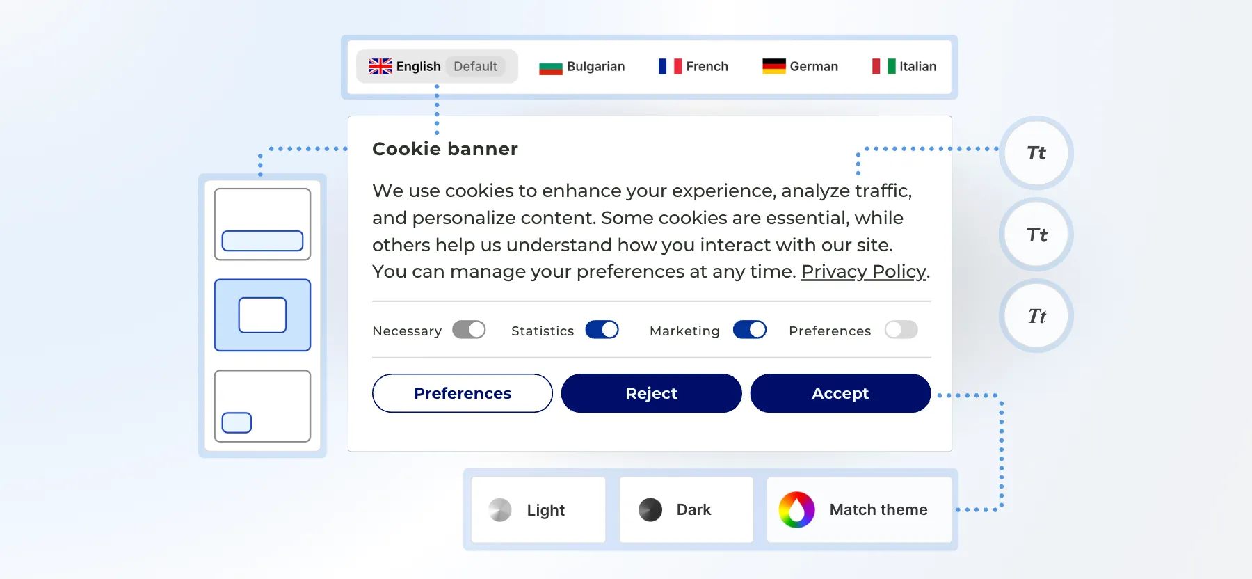 'Cookie banner' dialog box. The banner text explains the use of cookies for enhancing experience, analyzing traffic, and personalizing content, and links to a 'Privacy Policy.' Below the text are four toggle switches for cookie categories: 'Necessary' (on/greyed out), 'Statistics' (on/blue), 'Marketing' (on/blue), and 'Preferences' (off/grey). Three action buttons are present: 'Preferences,' 'Reject,' and 'Accept.' Above the banner, a row of flag-labeled language options shows 'English (Default)' selected, alongside Bulgarian, French, German, and Italian. Below the banner, three theme options are shown: 'Light,' 'Dark,' and 'Match theme.' To the left and right, graphics suggest adjustable text size and banner placement.
