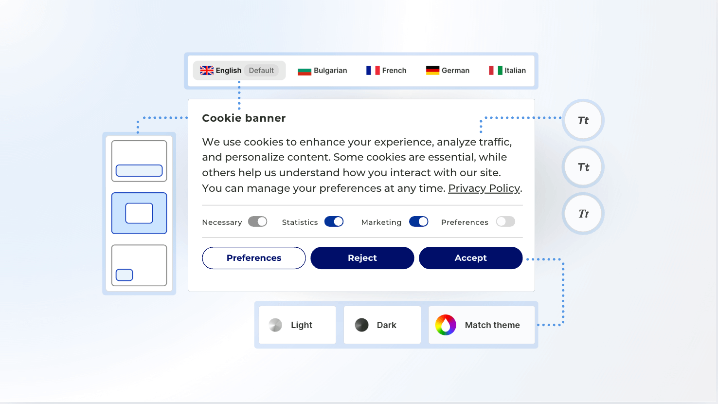 'Cookie banner' dialog box. The banner text explains the use of cookies for enhancing experience, analyzing traffic, and personalizing content, and links to a 'Privacy Policy.' Below the text are four toggle switches for cookie categories: 'Necessary' (on/greyed out), 'Statistics' (on/blue), 'Marketing' (on/blue), and 'Preferences' (off/grey). Three action buttons are present: 'Preferences,' 'Reject,' and 'Accept.' Above the banner, a row of flag-labeled language options shows 'English (Default)' selected, alongside Bulgarian, French, German, and Italian. Below the banner, three theme options are shown: 'Light,' 'Dark,' and 'Match theme.' To the left and right, graphics suggest adjustable text size and banner placement.