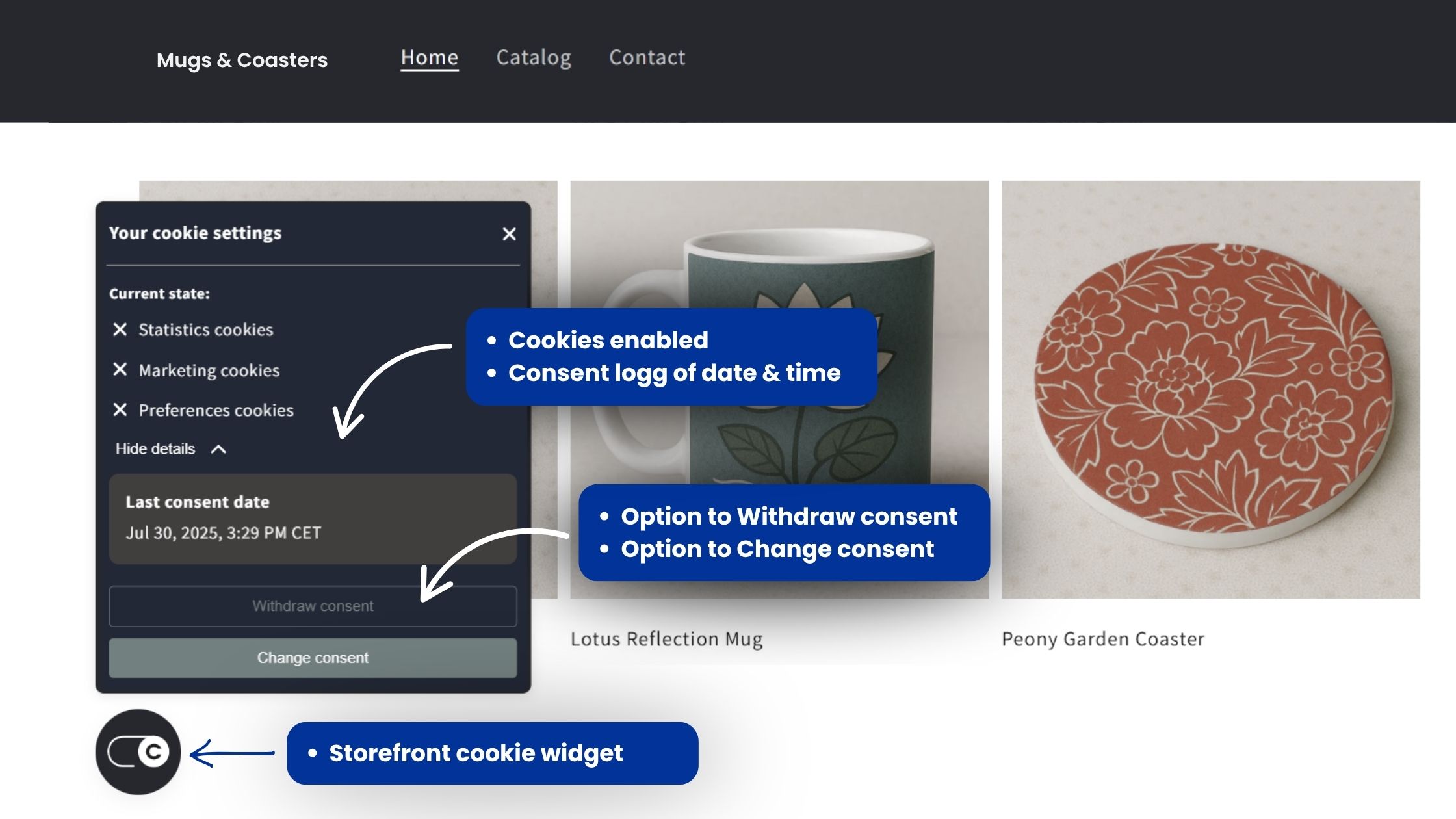 Cookie widet with Consentmo for easy consent change and consent withdrawal gdpr-friendly