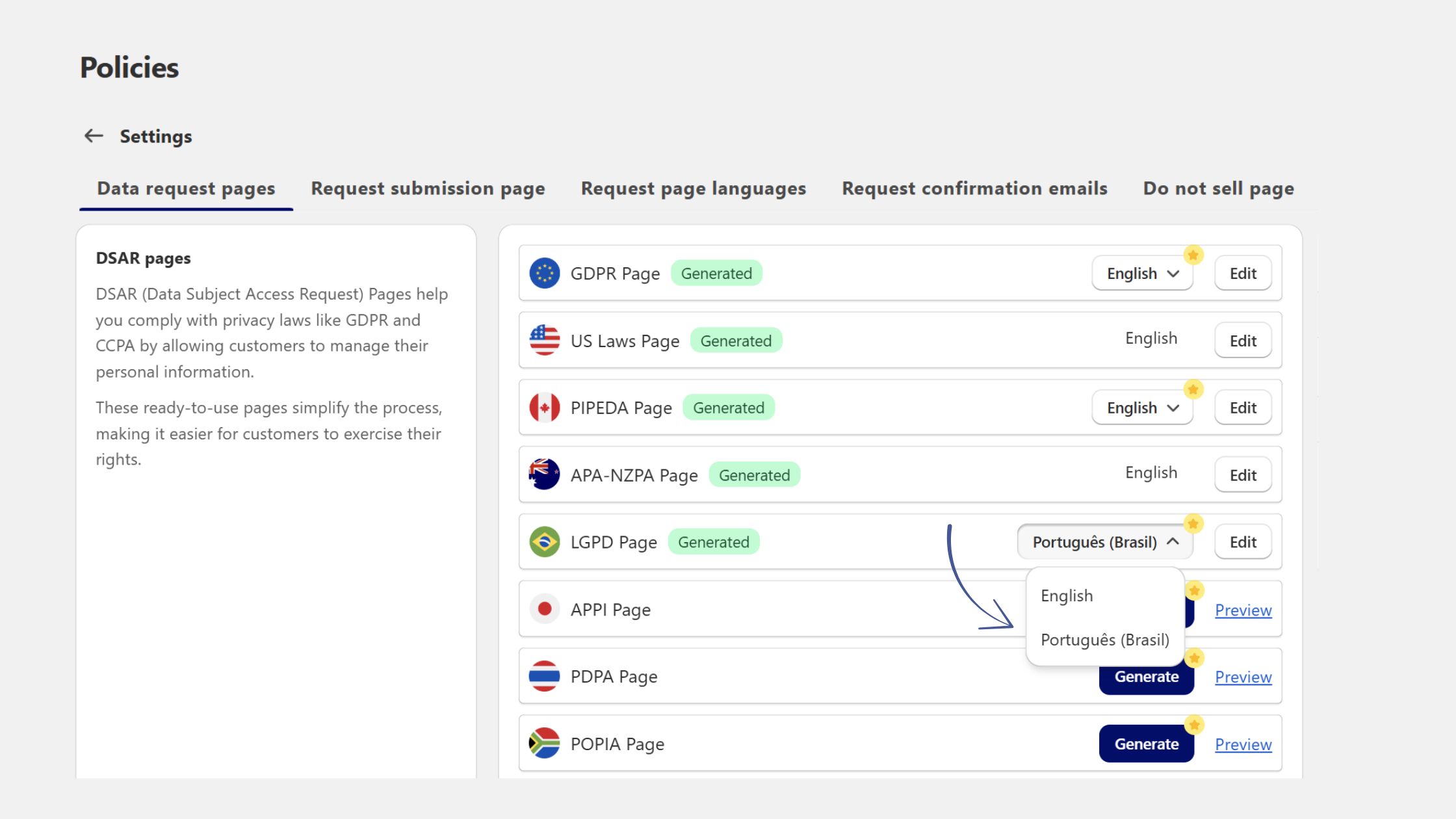 When you generate a DSAR page, you now get a dropdown menu right there in the editor to choose your desired language