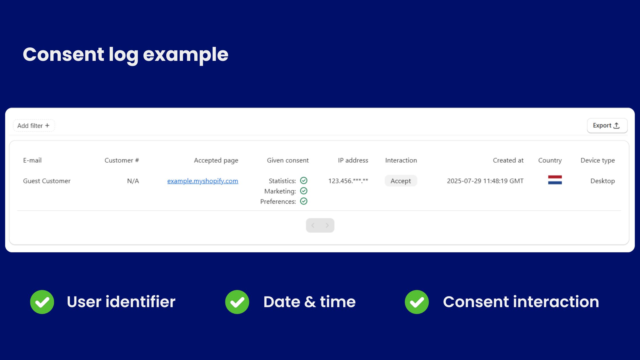 Example of Consent Record / Consent log under GDPR.