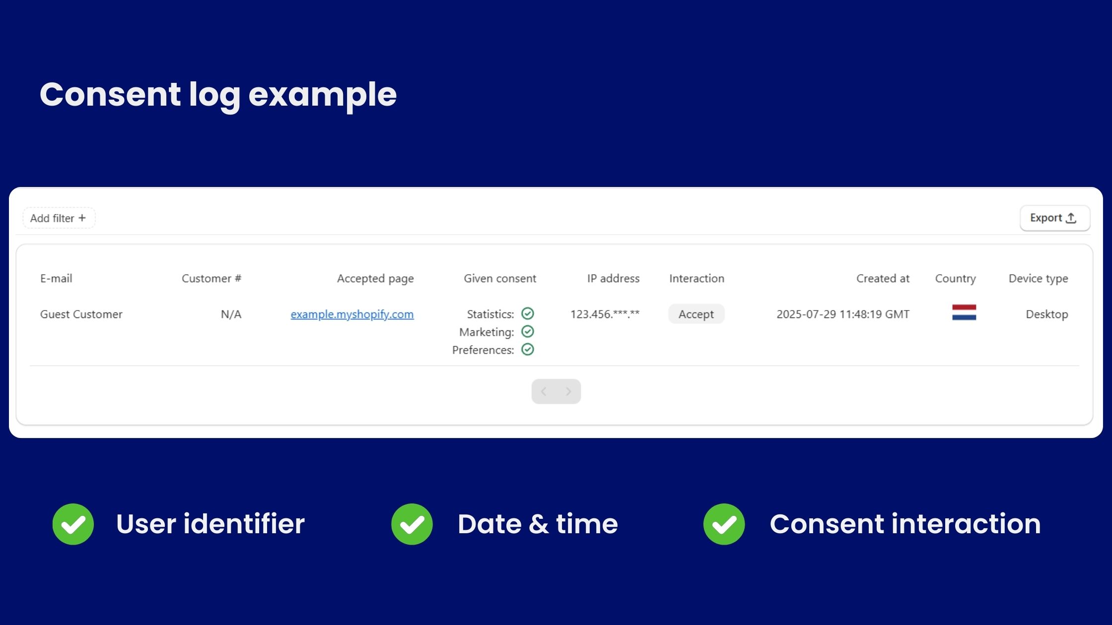 Consent record from Consentmo gdpr app