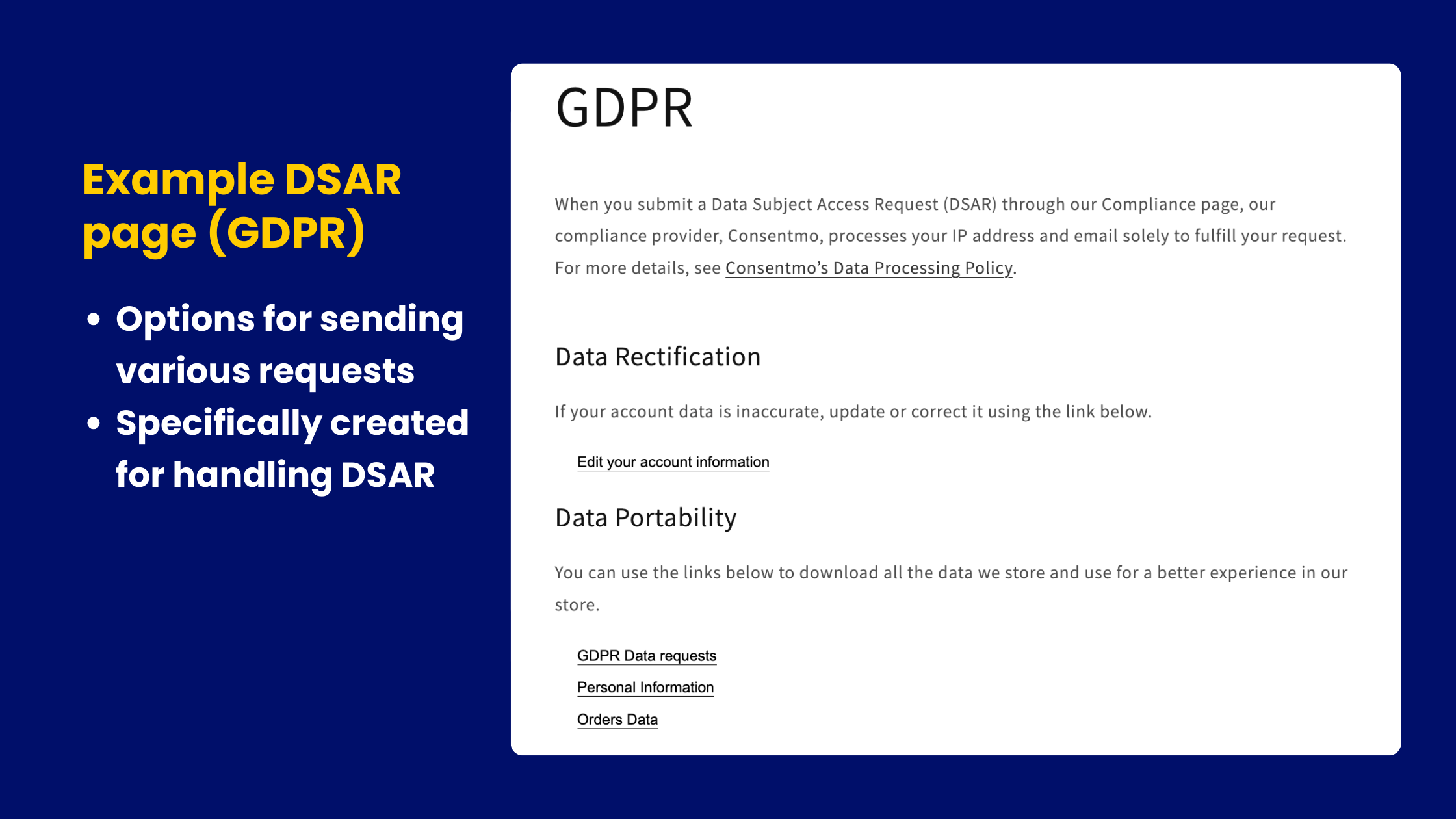Example DSAR page from Consentmo