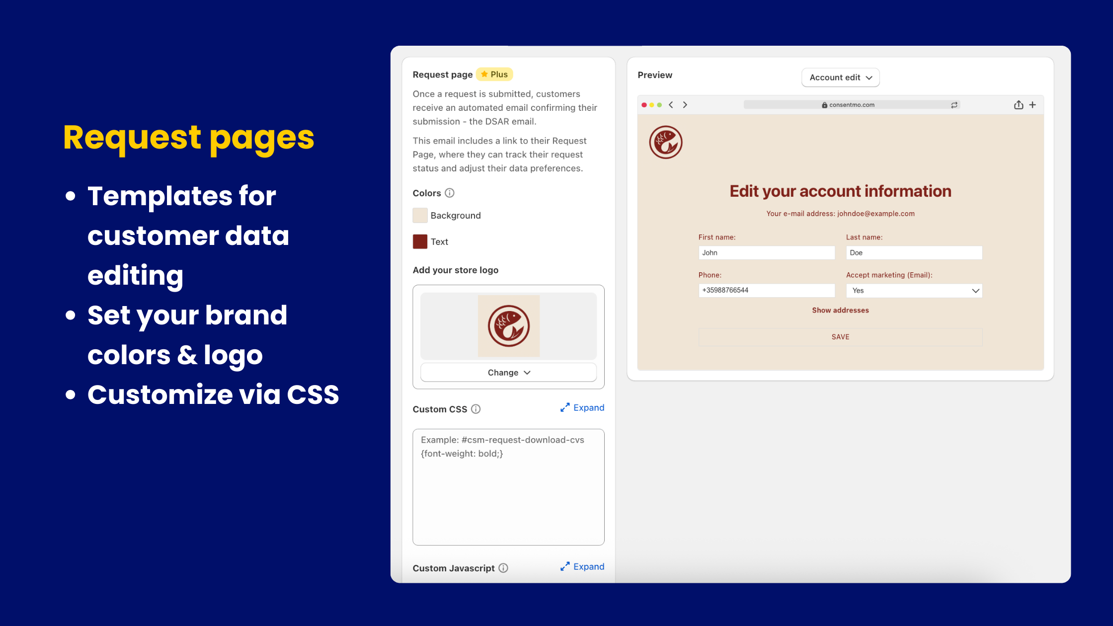 An “Edit your account information” form that lets the customer correct details like name, phone, or marketing preferences.