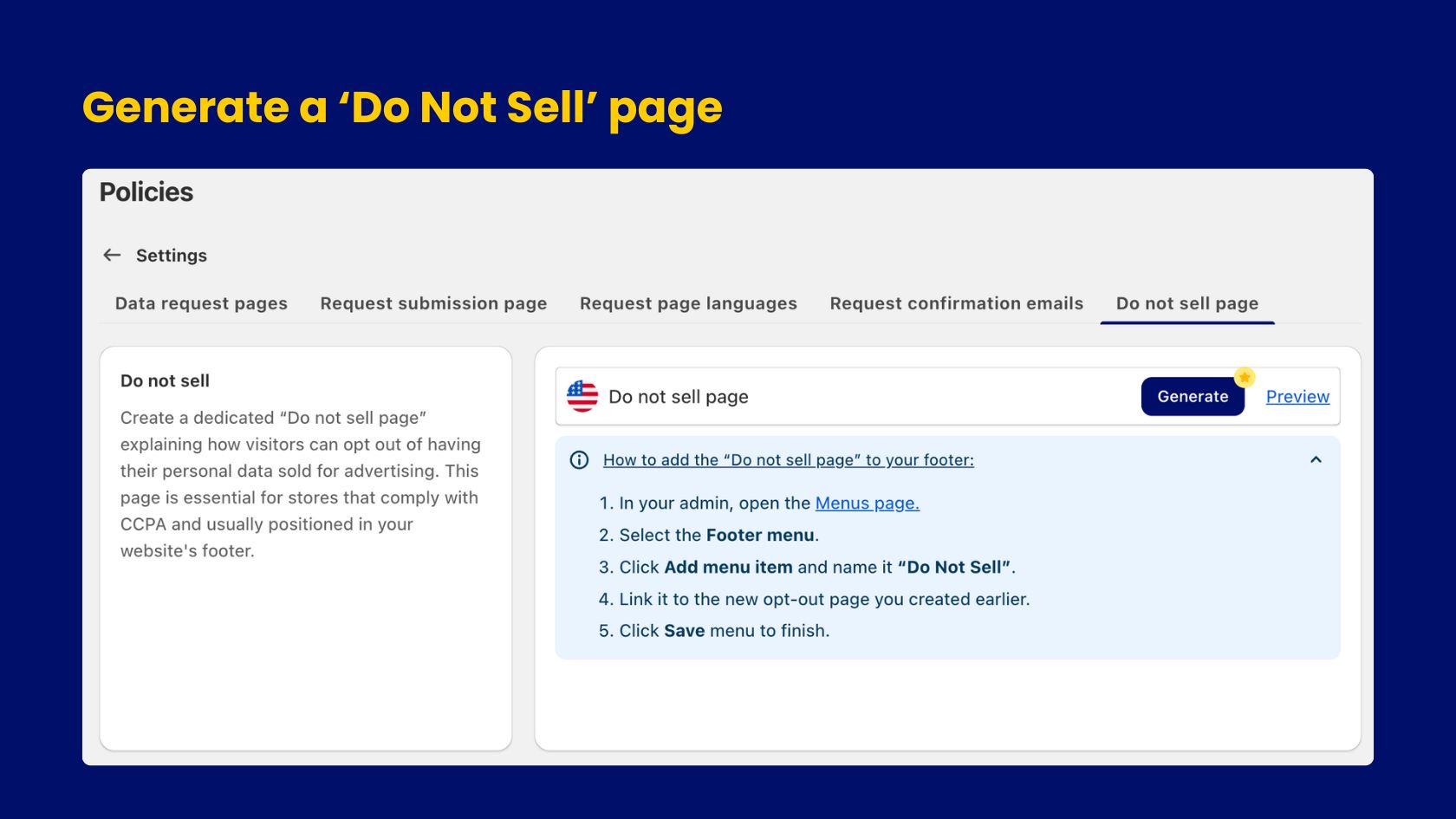 How to Generate a Do Not Sell page from the Consentmo app.