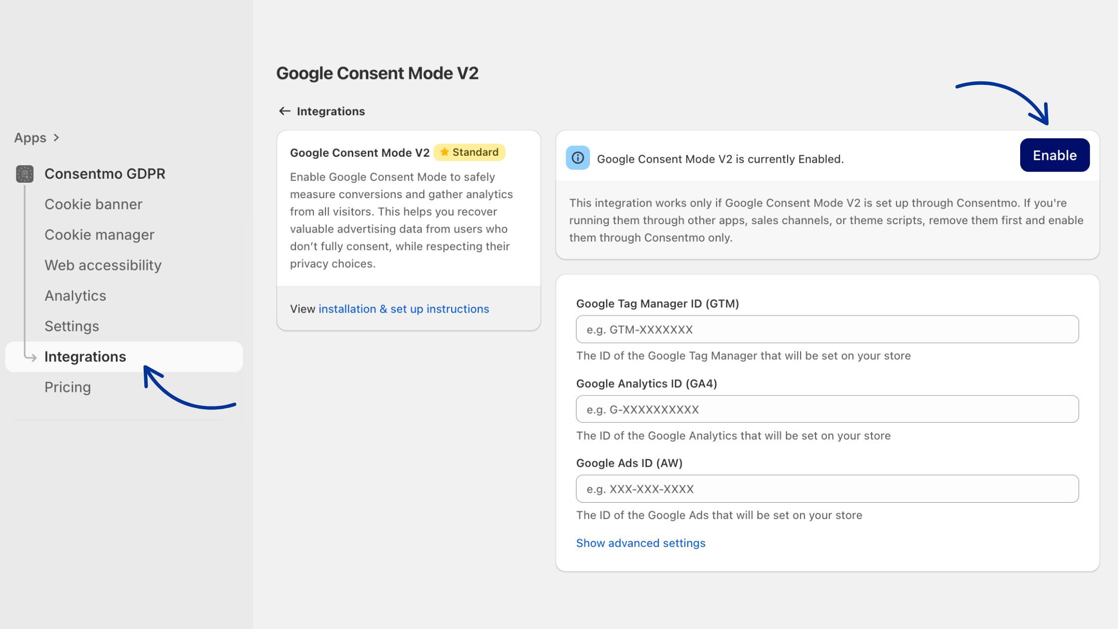 In your Shopify Admin, open the Consentmo app and go to Integrations → Google Consent Mode.