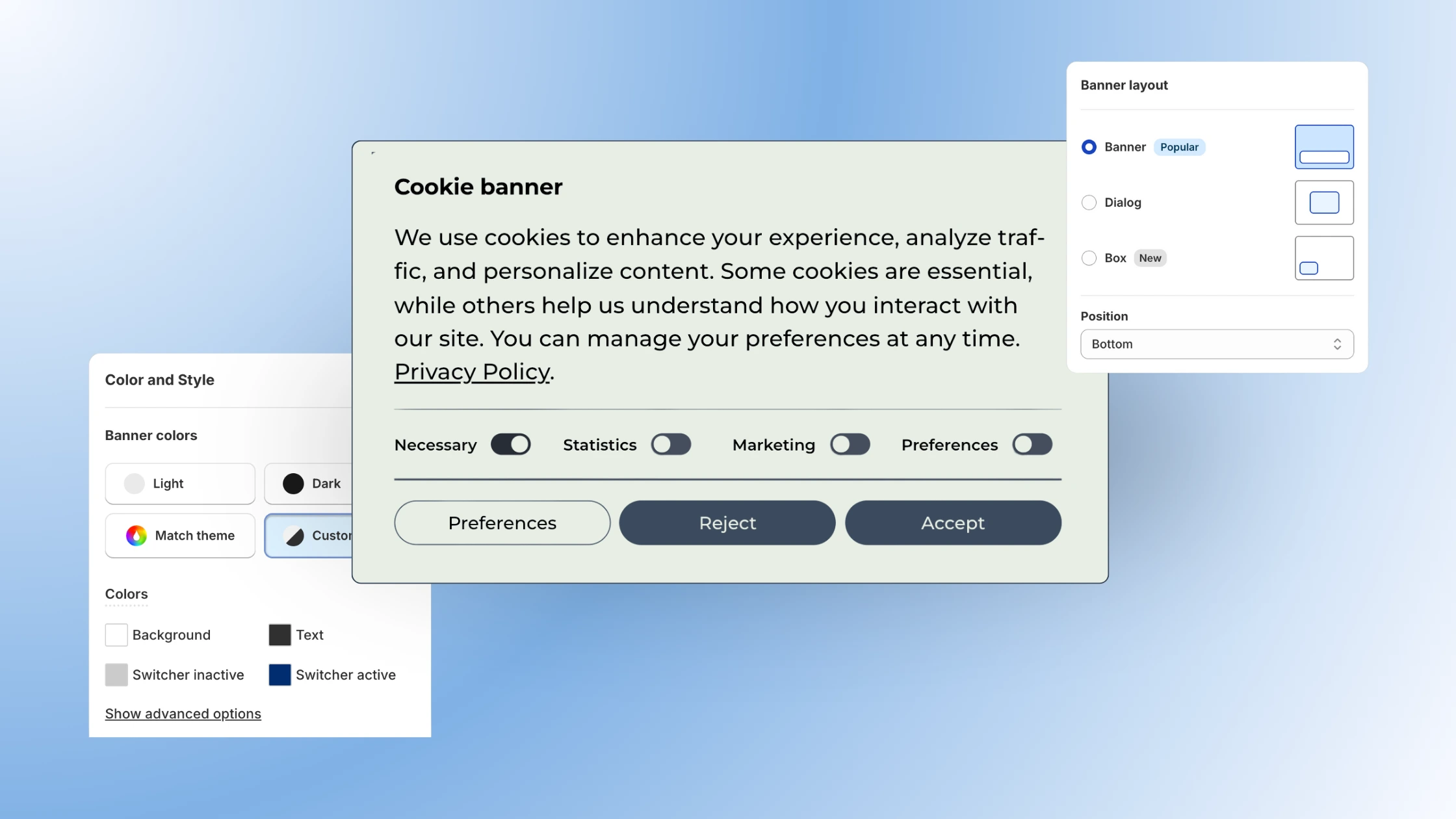 Cookie banner design options Consentmo.