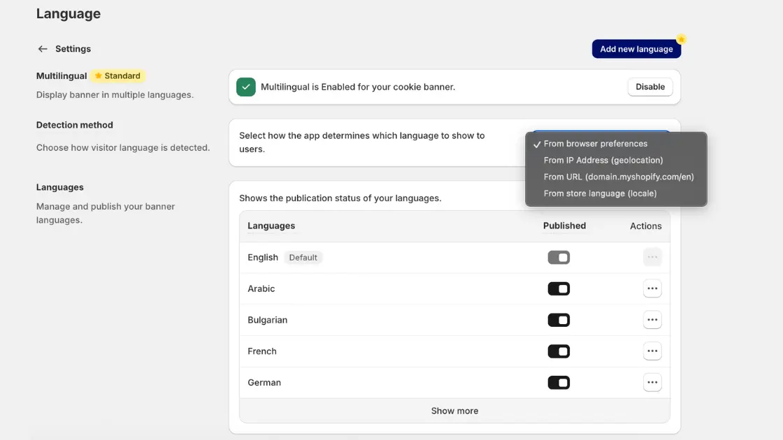 Consentmo Language Settings page with multilingual mode enabled. The interface displays language detection options including browser preferences, IP geolocation, URL-based language, and store locale. Below, a list of available languages is shown with publish toggles for English, Arabic, Bulgarian, French, and German.