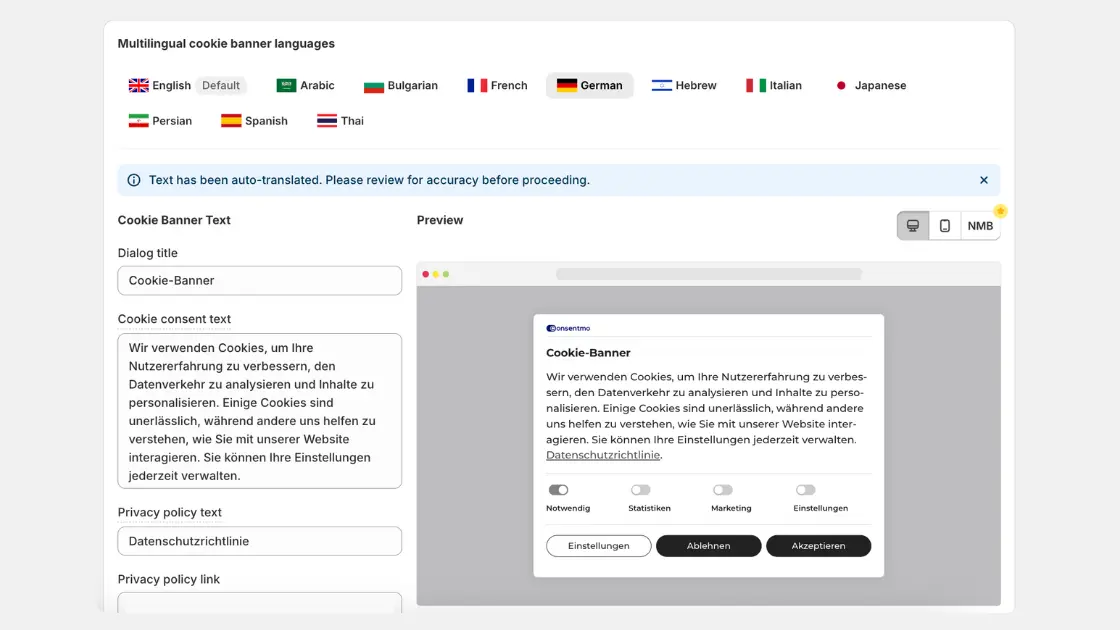 Consentmo multilingual translation editor showing language tabs for English, Arabic, Bulgarian, French, German, Hebrew, Italian, Japanese, Persian, Spanish, and Thai. The screen displays auto-translated German cookie banner text on the left and a live preview of the banner on the right.