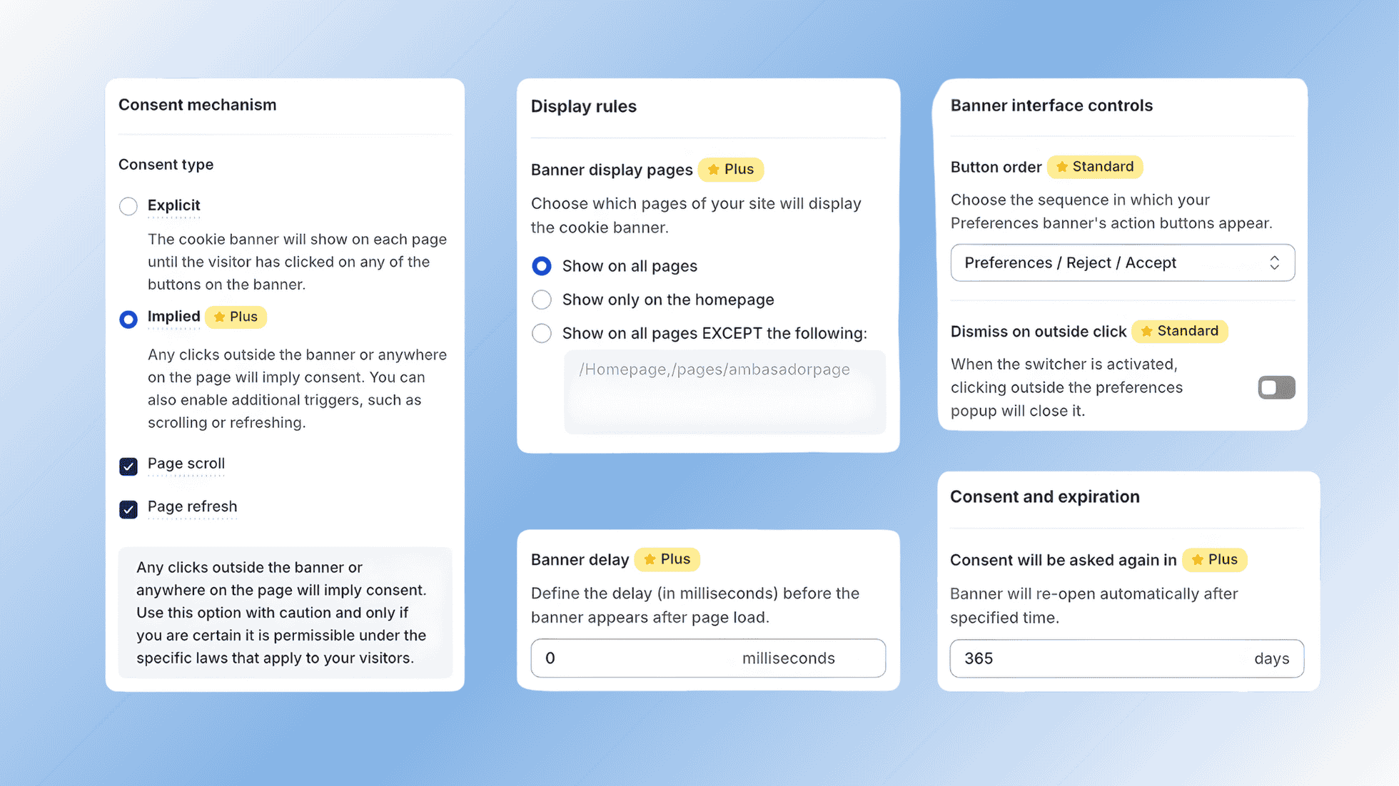 Button order (Accept, Reject, Preferences)Cookie duration (1–400 days)Font family and font sizeFully responsive behavior across devices