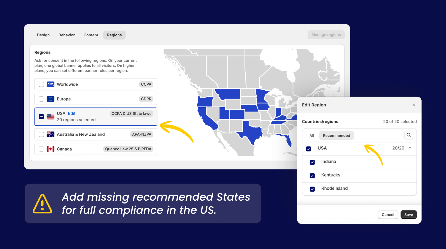 This screenshot displays the app's DSAR (Data Subject Access Request) management interface, where the US Laws Page is explicitly marked with a yellow "Outdated" status tag. To the right, a prominent blue "Update" button is highlighted, showing the necessary action to refresh legal compliance pages for the 2026 state law requirements.