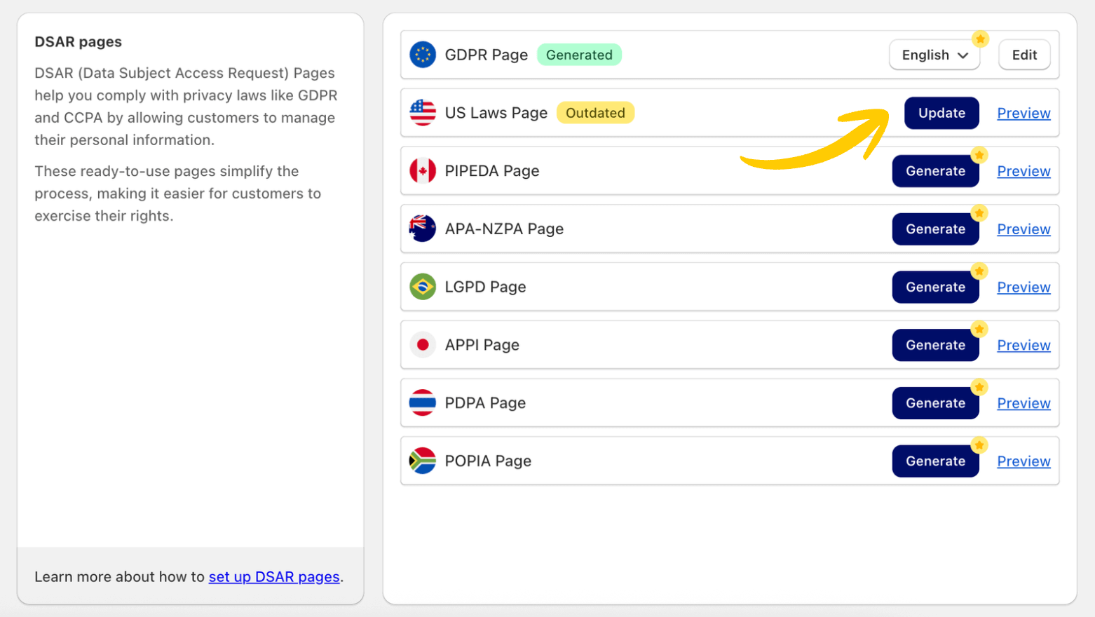 A screenshot of the Consentmo app’s DSAR pages management interface. The dashboard lists various international privacy regions, prominently showing the US Laws Page with an "Outdated" status tag and a blue "Update" button. This section allows users to refresh their store's compliance pages to meet the new 2026 legal requirements.