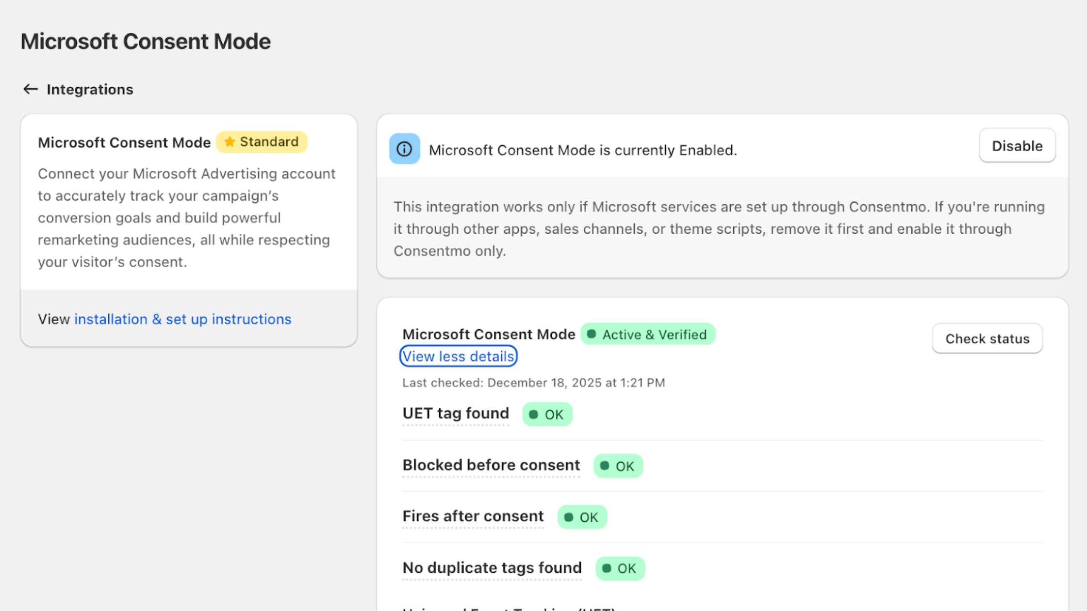 A screenshot of the Microsoft Consent Mode settings dashboard within the Consentmo application. The interface shows the status as Active & Verified and Enabled.