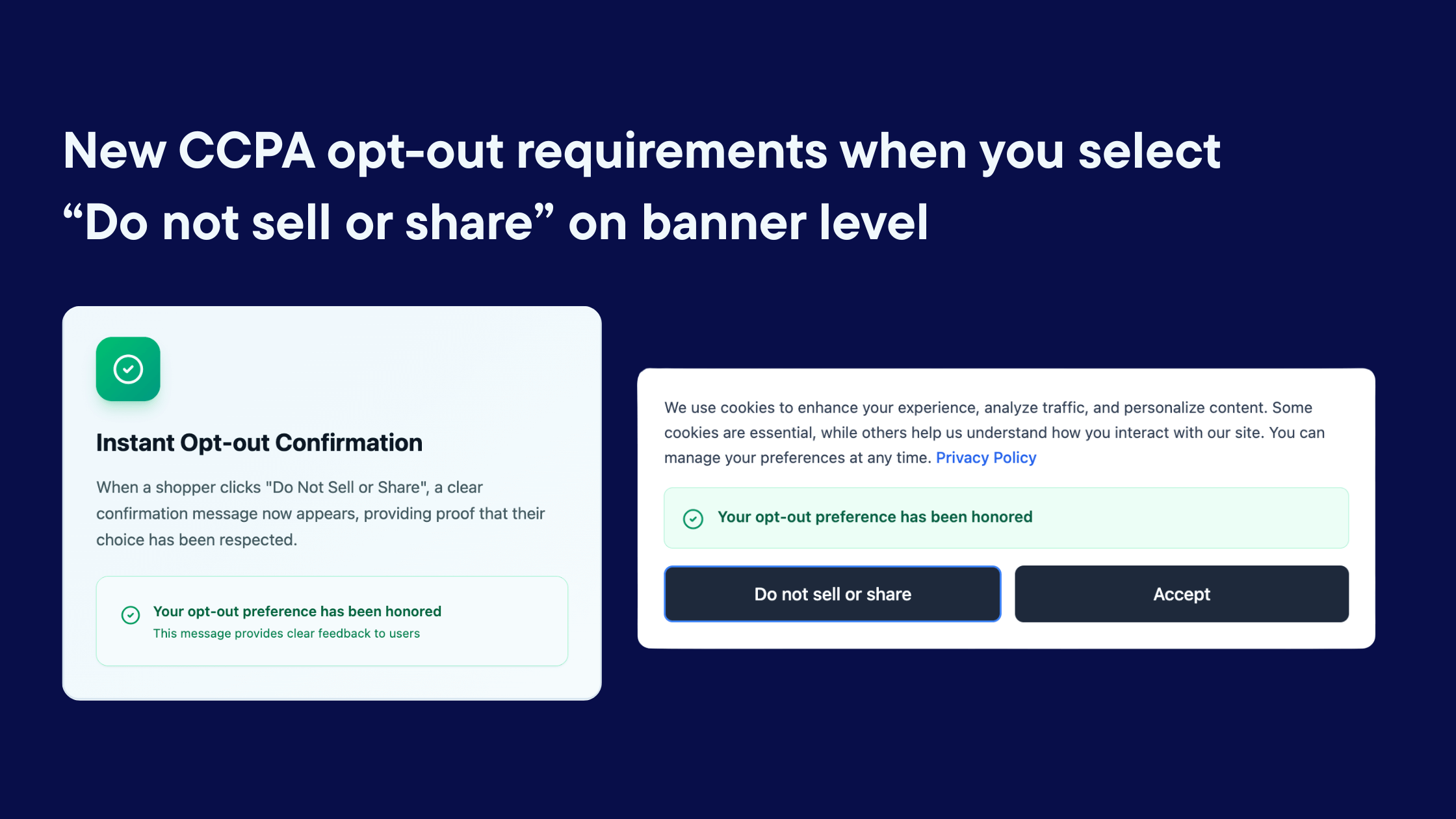 A dark blue background with a heading that says new CCPA opt‑out requirements for selecting “Do not sell or share.” Two example interface cards sit below: one shows an instant opt‑out confirmation message, and the other shows a cookie banner with buttons for opting out or accepting.