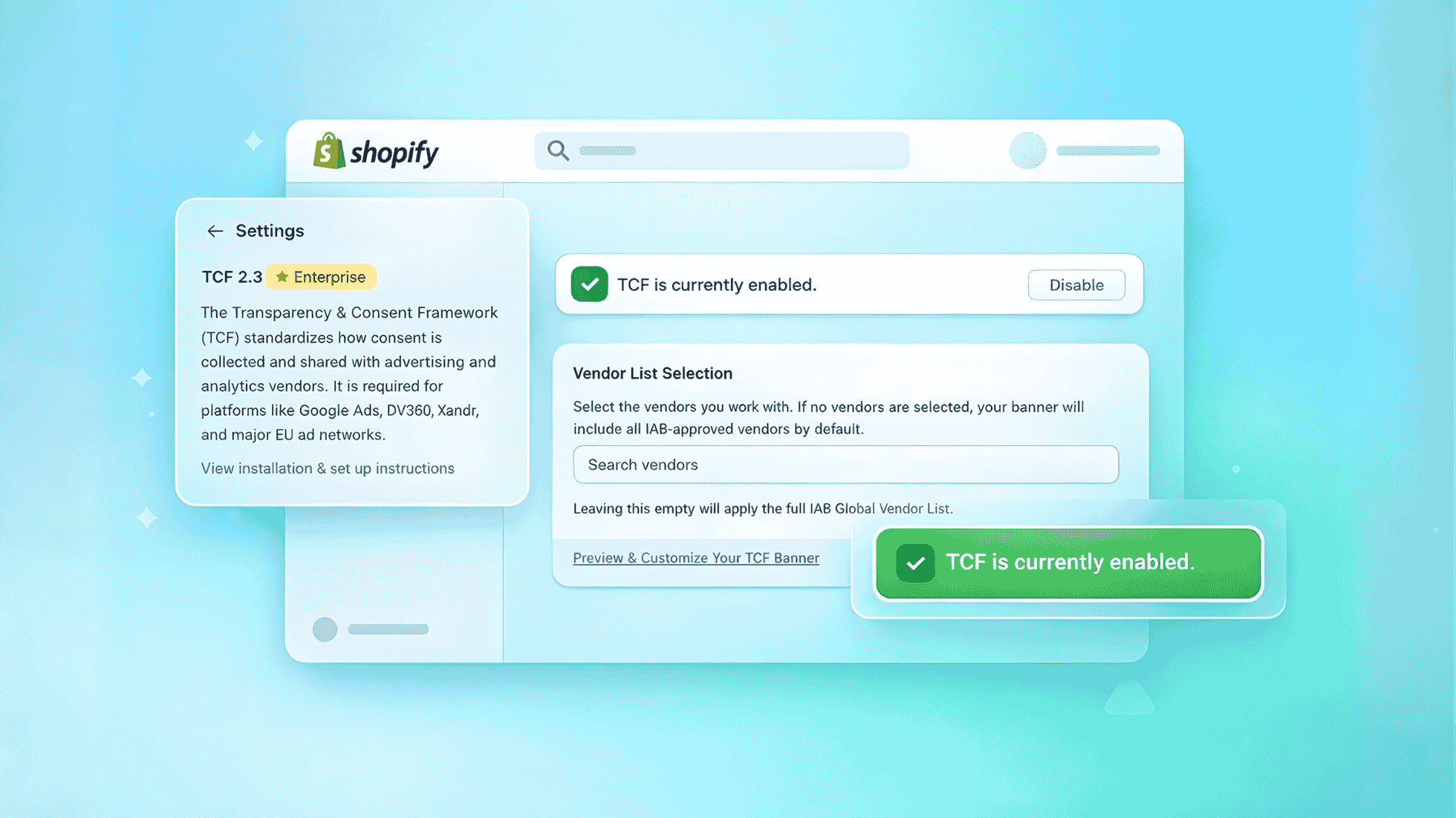 Consentmo TCF 2.3 settings screen showing vendor list selection and a green confirmation that TCF is enabled.