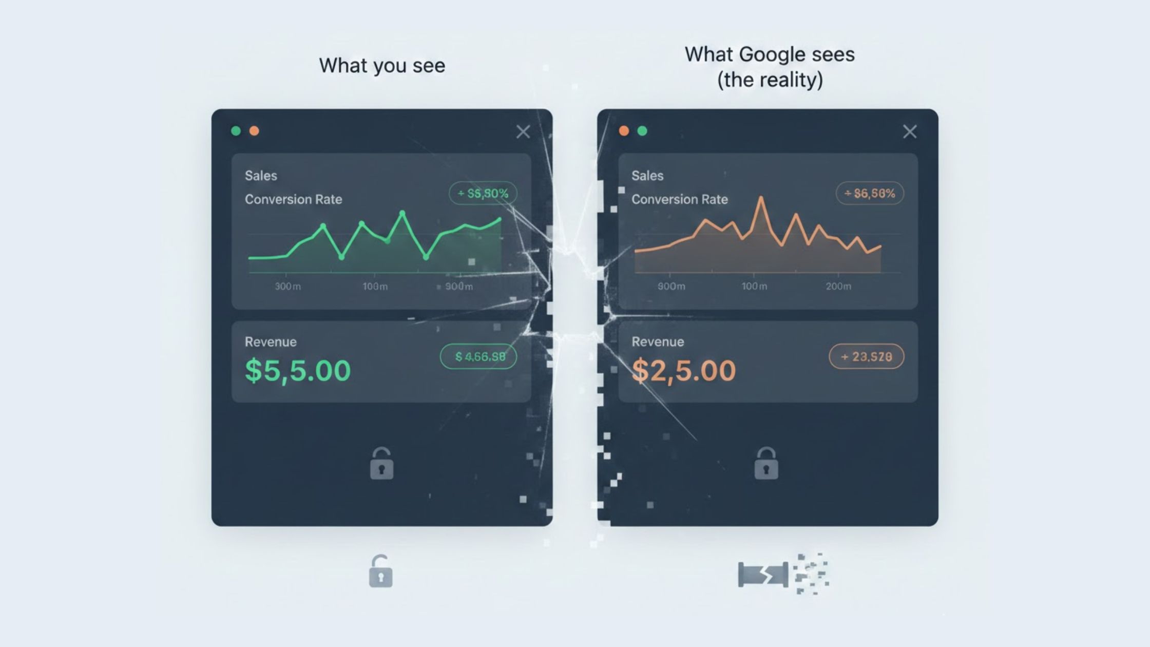 Comparison of a store's actual sales data versus the degraded tracking data Google receives without Consent Mode v2.
