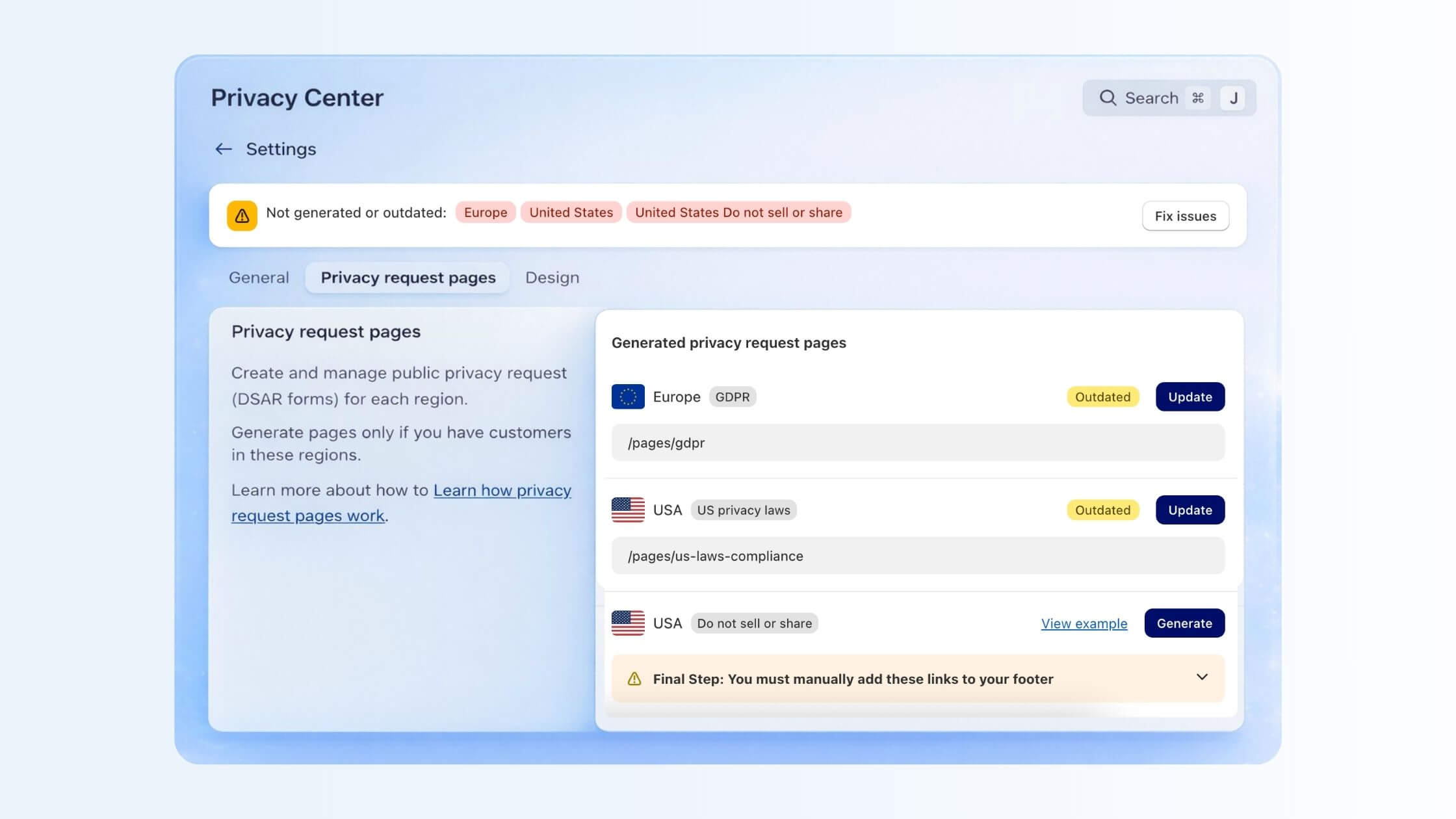 Privacy Center Settings Dashboard: A screenshot of the app's settings menu showing a "Compliance & Privacy" section. It features two primary cards: "Cross domain consent sharing" (marked as Enabled) and "Privacy Center," which prominently displays an orange "Issues" badge and a description for managing customer data request pages.