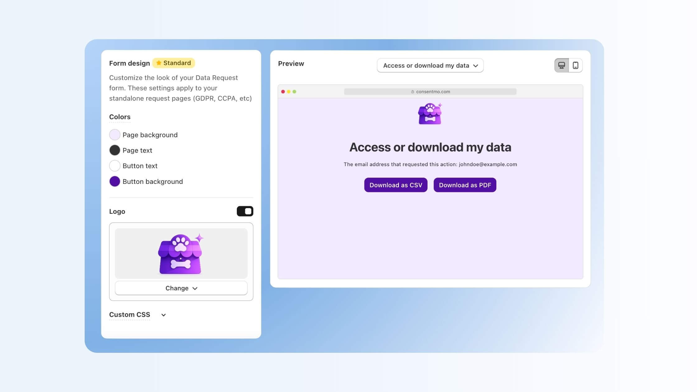 A left-hand panel for "Form design" and "Email Templates" (Standard plan features), offering color pickers for page backgrounds, text, and buttons, as well as a logo upload tool.