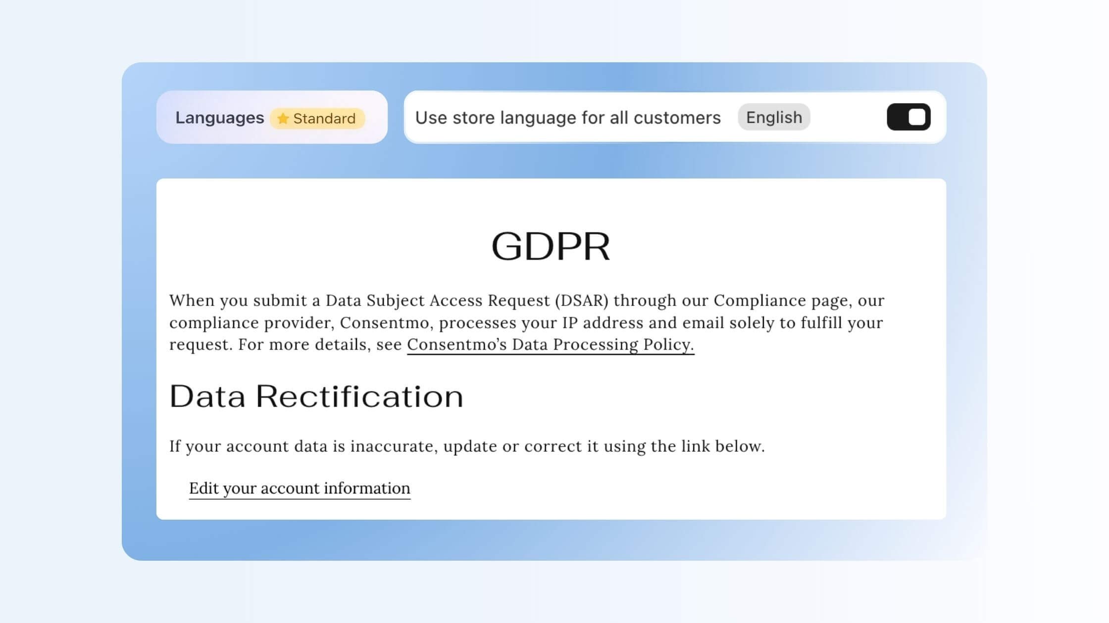 A "Languages" section, marked as a Standard plan feature, contains a toggle switch to "Use store language for all customers".