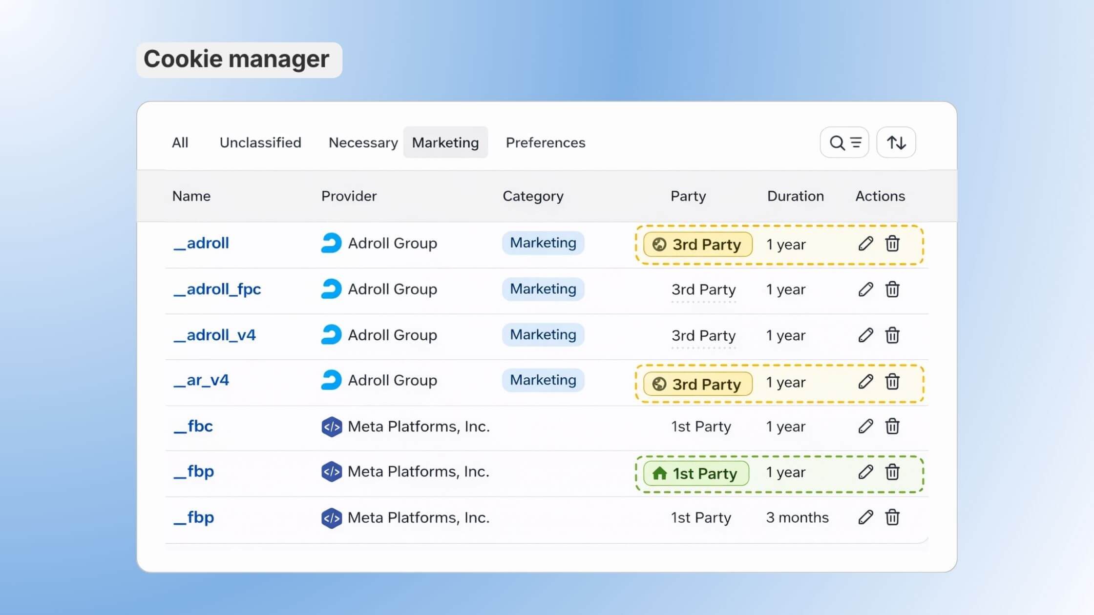 Cookie sources app screenshot.